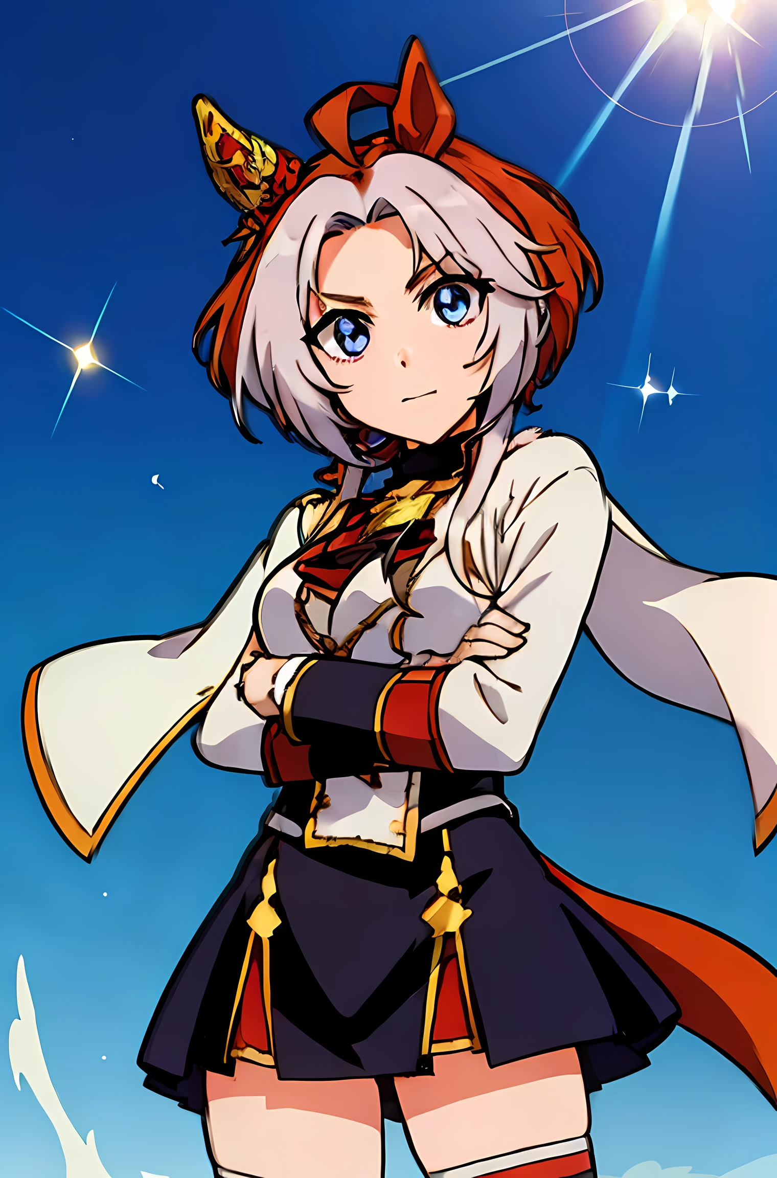 (highest quality:1.3),(ultra-be familiar with:1.5),High resolution,extremely be familiar with CG,unity 8k wallpaper,official art,be familiar with,super be familiar with skin,perfect anatomy,beautiful be familiar with eyes,(anime screenshot:1.11),very delicate and beautiful,(90s anime,90s anime style,cel shaded anime:1.17),1 girl,alone, anmnr,((orfevre \(umamusume\):1.52)),crown, jewelry, bowtie, Jacket, epaulettes, long sleeve, black gloves, white gloves, red bow, black skirt, Thighhighs, skirt, bow, (shining eyes),blends well with the eye,blends well with the eye,focus of the eye,(Carefully crafted brilliance, sky blue lens flare:1.7),(expression of joy:1.51),octane rendering,rainbow paint drop,Woman made of paint,Full Paint,(movie background),splat,splash,dark and blurry background,close,(best writing, very delicate and beautiful),Detailed beautiful shine,(soft light:1.2),(soft money tone lighting),Warm and soft lighting,dramatic light,((cinematic light)),ambient occlusion,ambient light,violently,powerful,Absolutely eye-catching splashes of color,((caustic)),raytraced reflections,light shines,open your mouth,smile,(stand with open stance:1.1), (crossed arms:1)