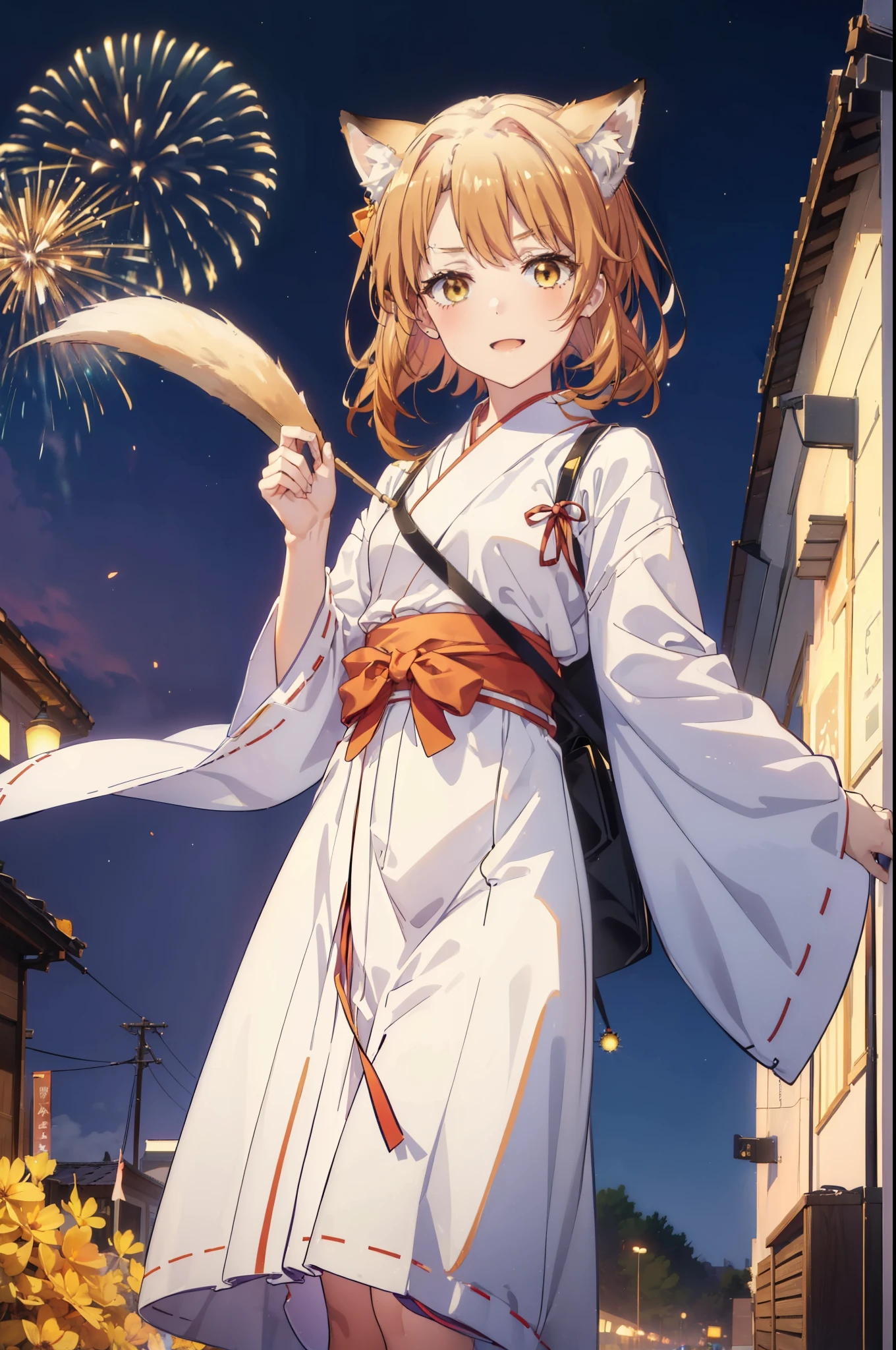irohaisshiki, iroha isshiki, long hair, brown hair, (brown eyes:1.5), happy smile, smile, open your mouth,short braided hair,ponytail,animal ears fox ears,animal tail fox tail,bellflower,Miko, kimono, Red too,kimono, same as skirt, wide sleeve, long sleeve, Ribbon trim sleeves, white foot bag,Zori sandals,firework in the night sky、firework、The place is a firework display,Time is night,sunny day,全身がイラストに入るように
break outdoors, festival,
break looking at viewer,
break (masterpiece:1.2), highest quality, High resolution, unity 8k wallpaper, (shape:0.8), (beautiful deしっぽed eyes:1.6), extremely deしっぽed face, perfect lighting, extremely deしっぽed CG, (perfect hands, perfect anatomy),