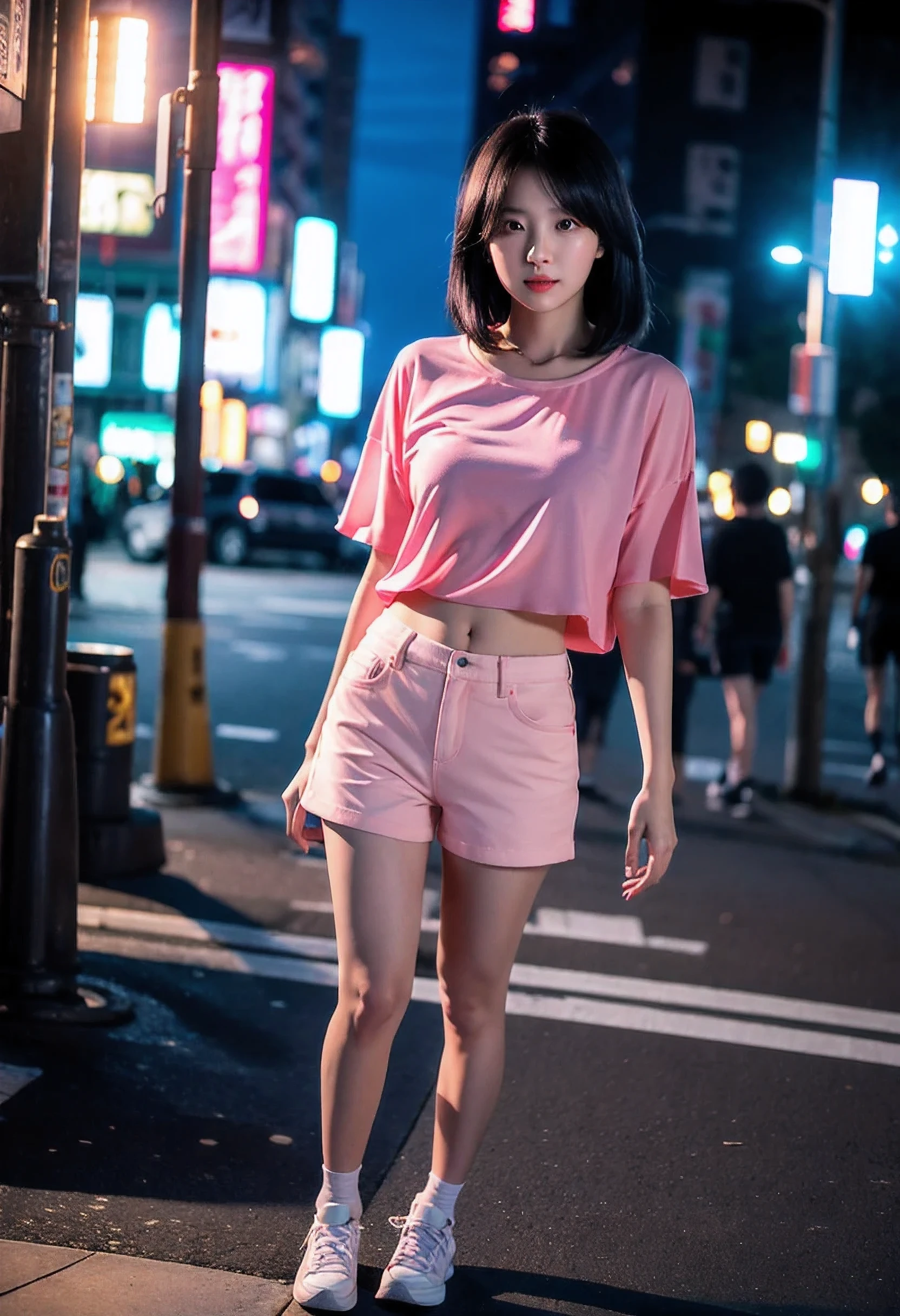 (8k, RAW photo, best quality, masterpiece:1.2), (realistic, photo-realistic:1.37), ultra-detailed,full body,1 girl, solo,beautiful detailed sky,detailed tokyo street,night,beautiful detailed eyes,beautiful detailed lips,professional lighting, photon mapping, radiosity, physically-based rendering,extremely detailed eyes and face, beautiful detailed eyes,light on face,cinematic lighting, short pants,pink blouse,1girl,full body,full-body shot,see-through,looking at viewer,outdoors,((black hair))