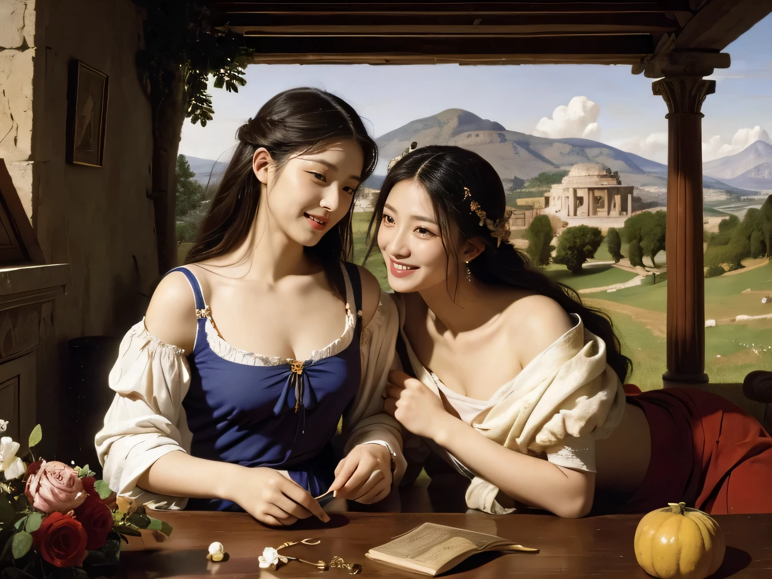 Giorgione painting style,Arguments of two female Philosophe,math、astronomical machine、astronaut、roses in vase、fruits、Cute trinkets、smile、ancient greek costume、Ancient Roman landscape in the style of Nicolas Poussin,laughter,,Sweet and seductive appearance.、Caravaggio's paintings、Chiaroscuro of Caravaggio、hair tousled by the wind,Two women frolicking,cute smile, expression of ecstasy,Sexy,erotic