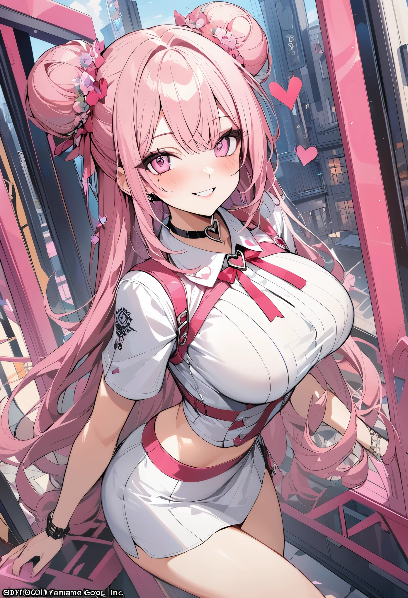 1 girl, pink long bun hair, heart shaped eyes, ♡, big breasts, Stewardess clothes, {girl with pink long bun hair named Nami}, (Pink eye color), {downtown}, (smile), bright background , mole under eye, heart shaped choker, (masterpiece, highest quality), very detailed, highest quality, official art, beautiful and aesthetic: 1.2), (1 girl), very detailed, (geometry art: 1.3), colorful, most detailed ?d1 girl, pink long bun hair, Eye of the symbol, +__+, big breasts, gothic costume, {A girl with long pink bun hair named Nami}, (Pink eye color), {downtown}, (smile), bright background, （garden,beautiful flower々）,mole under eye, heart shaped choker, (masterpiece, highest quality), official art, beautiful and aesthetic: 1.2), (1 girl), very detailed, (geometry art: 1.3), colorful