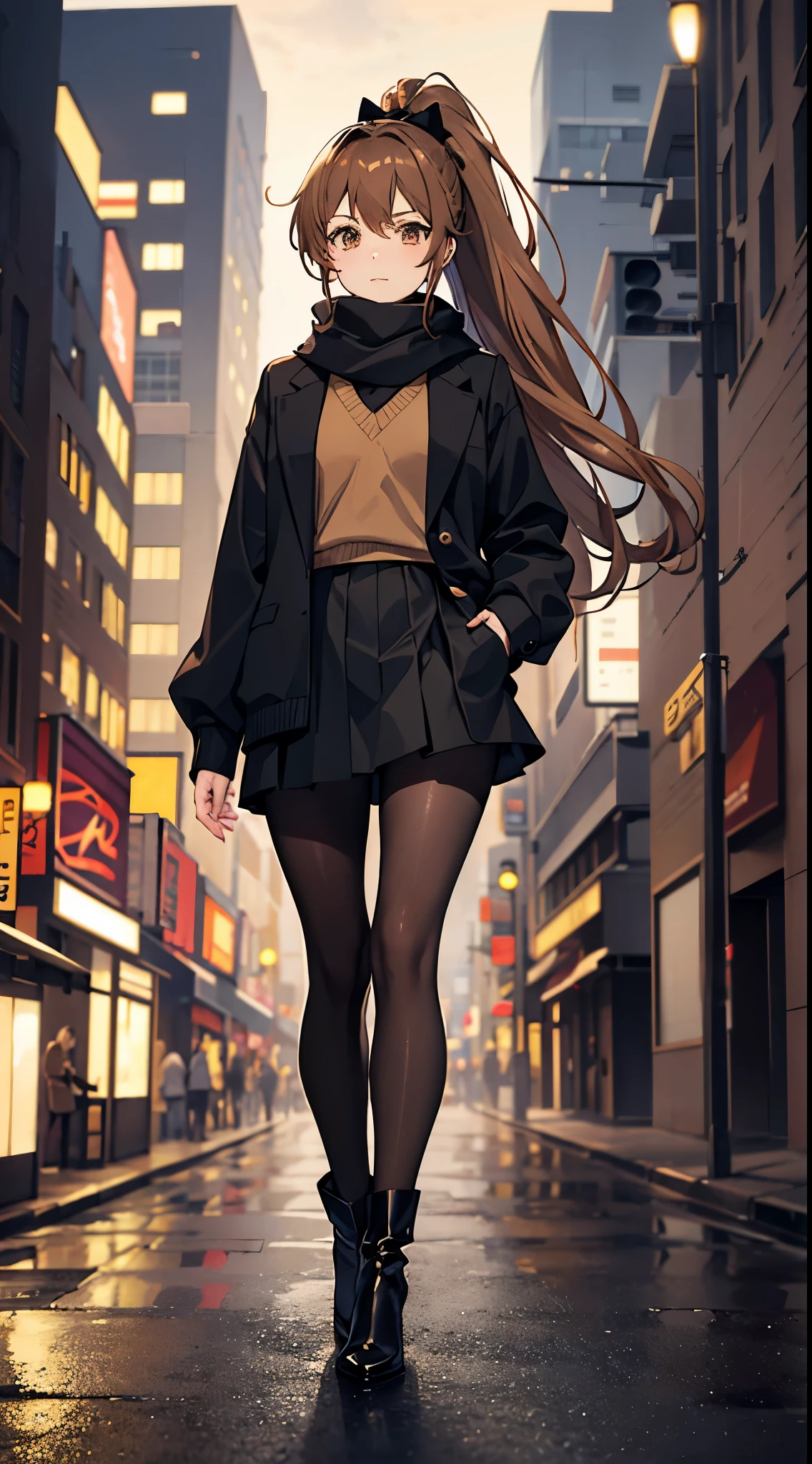 anime woman with light brown hair in a ponytail wearing a black bow, a long black jacket, a skirt, pantyhose, scarf and high heel boots walking on a street at night