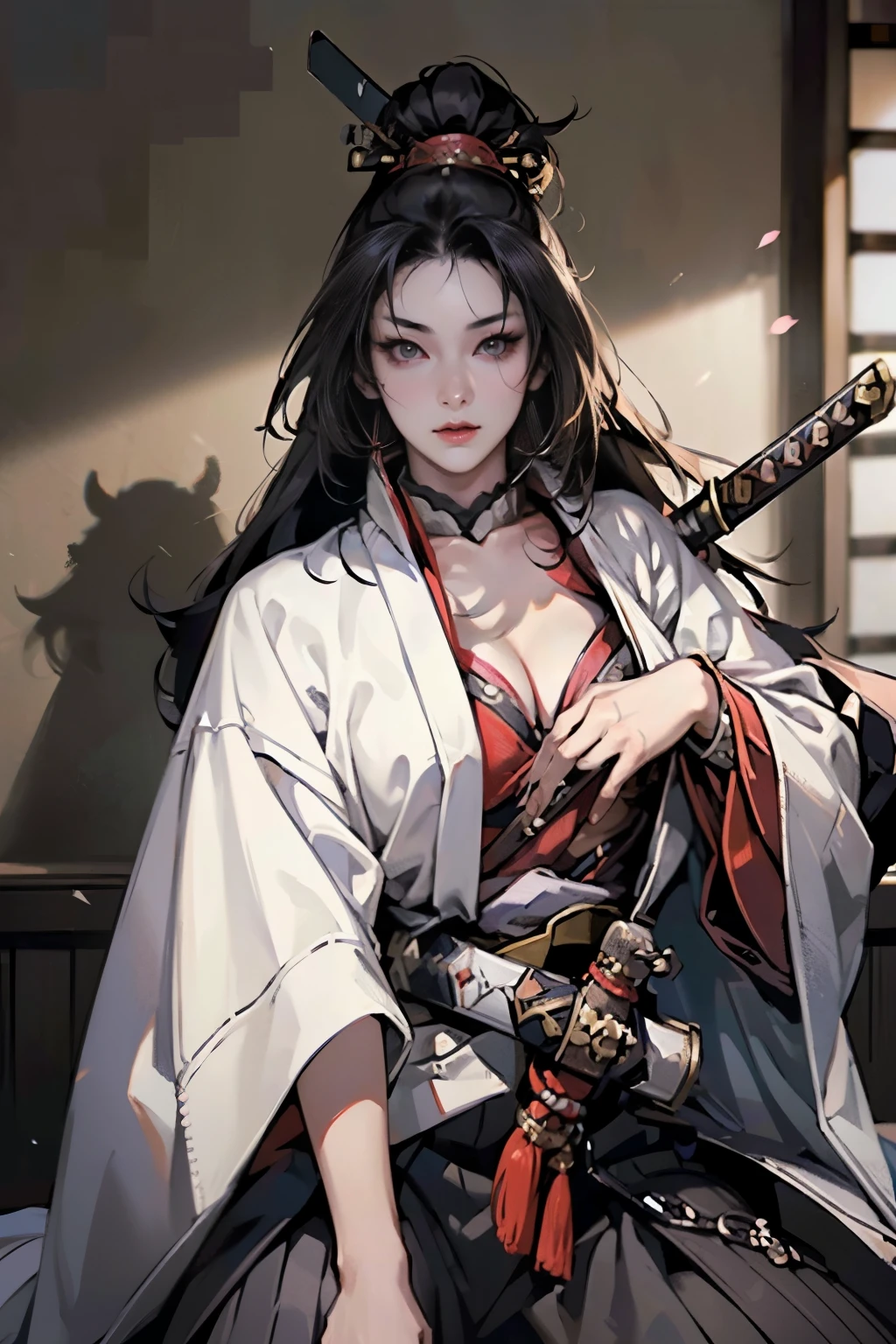 (8K, highest quality, masterpiece:1.2), (realistic:1.4), Raw photo, highest quality, ultra high resolution, best shadow, (full body:1), historical heroine, cleavage, Swordmaster, kabuki, (samurai sword), large scale amazing environment, horror, dark horror, highly detailed facial features, beautiful and perfect face, perfect eyes, perfect fingers,