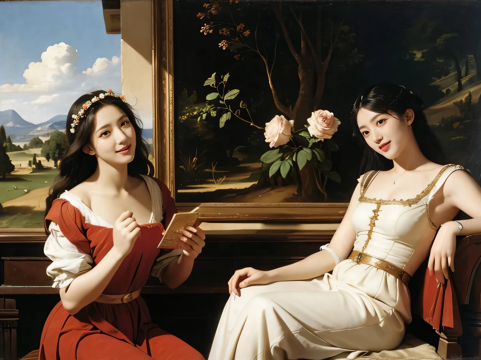 Giorgione painting style,Arguments of two female Philosophe,math、astronomical machine、astronaut、roses in vase、fruits、Cute trinkets、smile、ancient greek costume、Ancient Roman landscape in the style of Nicolas Poussin,laughter,,Sweet and seductive appearance.、Caravaggio's paintings、Chiaroscuro of Caravaggio、hair tousled by the wind,Two women frolicking,cute smile, expression of ecstasy,Sexy,erotic