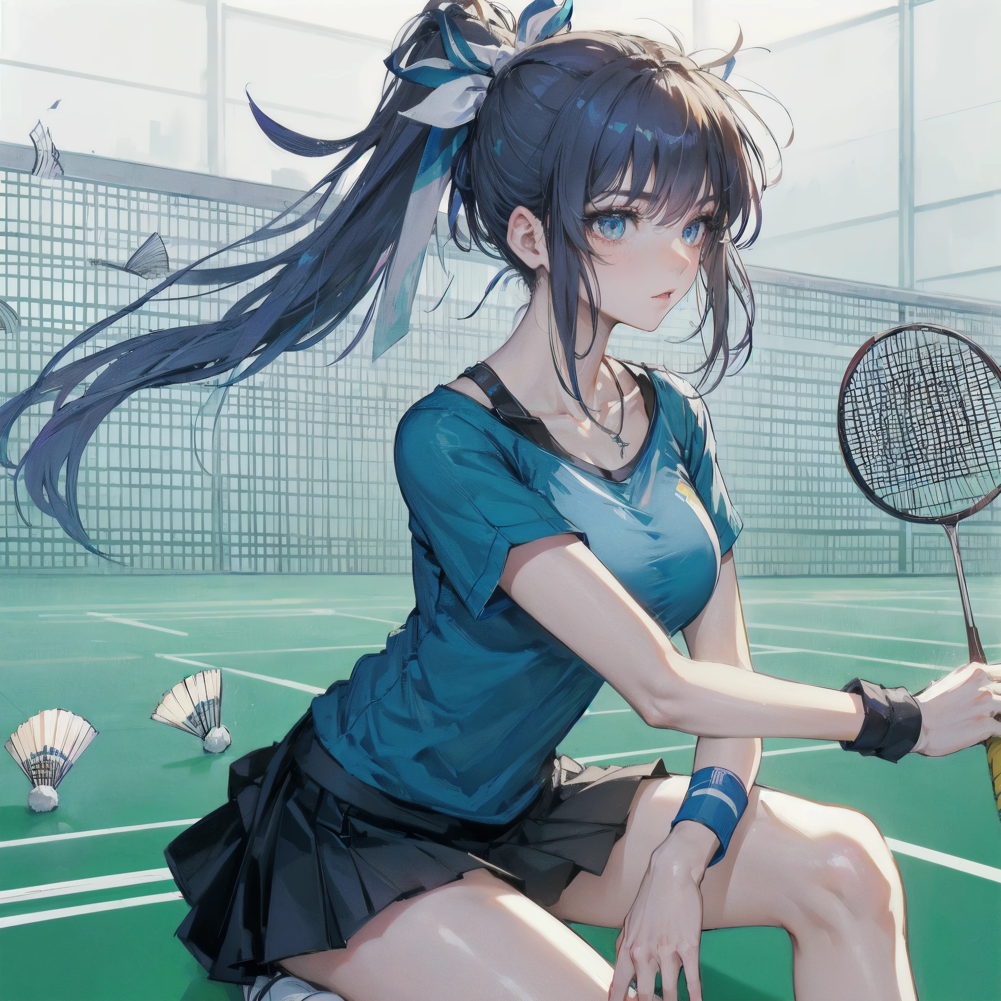 high quality,HD,16k,sharp lines,1 girl,Female badminton athlete ,cute face, large breasts, nice legs,At the badminton venue,focus girl,detailed beautiful face,detailed clothes,beautiful eyes,cool,dynamic angle