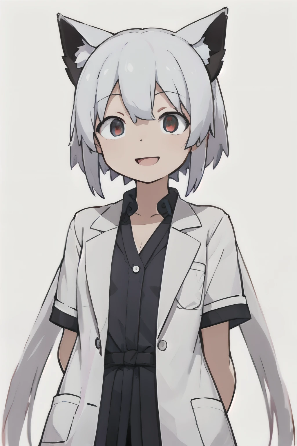 white background、Solid white background、blank background、arms behind back、 hide your hands、sparkling eyes、red eyes、White hair x red eyes、White hair, red eyes、small eyes「tsurime」「slant eyes」Upper body photographed from the front,(high quality, Breathtaking),(delicate eyes, perfect face)solo,Era: late 20s, open your mouth without showing your teeth、Smile with mouth wide open、well-groomed hair, undisturbed hair、side bangs, doctor、Doctor、scientist、scientist、white clothes、white clothesの内側にピンク色のVネック