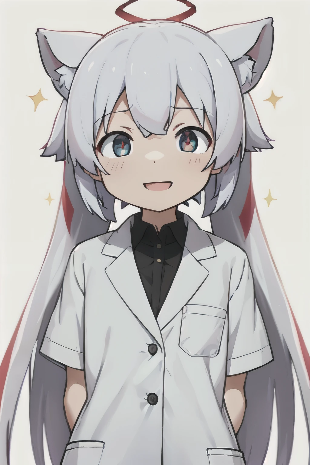 white background、Solid white background、blank background、arms behind back、 hide your hands、sparkling eyes、red eyes、White hair x red eyes、White hair, red eyes、small eyes「tsurime」「slant eyes」Upper body photographed from the front,(high quality, Breathtaking),(delicate eyes, perfect face)solo,Era: late 20s, open your mouth without showing your teeth、Smile with mouth wide open、well-groomed hair, undisturbed hair、side bangs, doctor、Doctor、scientist、scientist、white clothes、white clothesの内側にピンク色のVネック