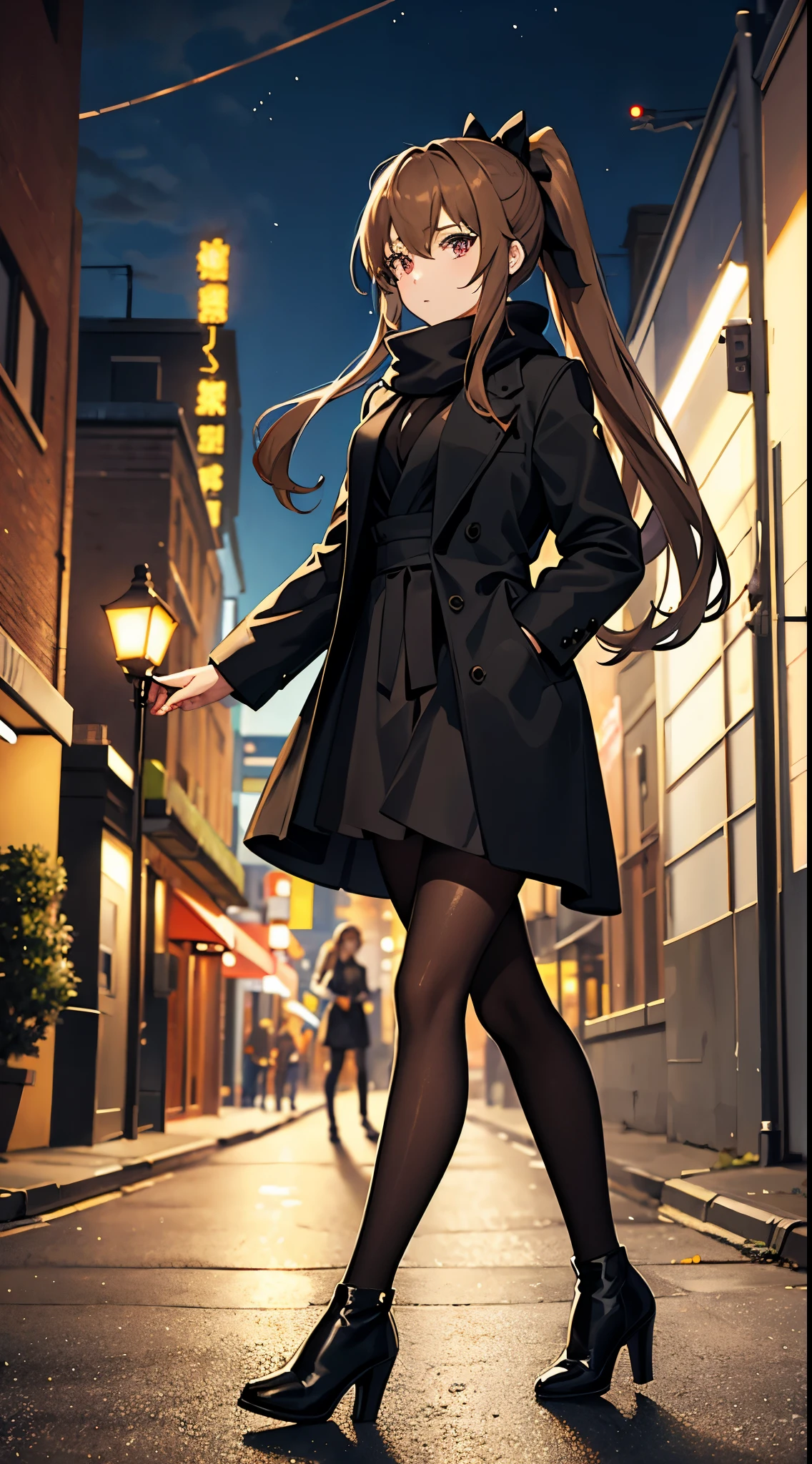 anime woman with light brown hair in a ponytail wearing a black bow, a long black jacket, a skirt, pantyhose, scarf and high heel boots walking on a street at night