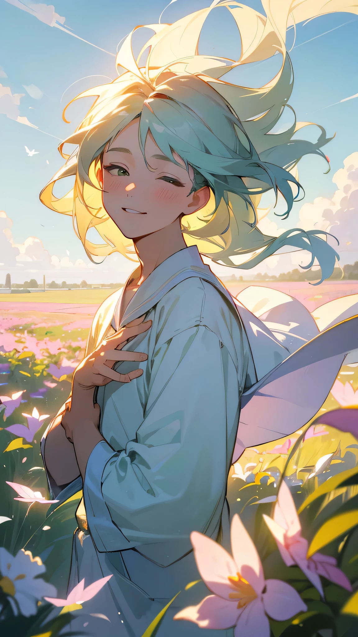 (best quality,4k,8k,highres,masterpiece:1.2),ultra-detailed,(realistic,photorealistic,photo-realistic:1.37),portrait,landscape,colorful,soft lighting,beautiful boy,field of flowers,cloudy day,green grass,gentle breeze,smiling boy,innocent expression,tall and luscious flowers,swaying in the wind,sun rays piercing through the clouds,pastel colors,tranquil atmosphere,wide angle perspective,serene and peaceful ambiance,vibrant and saturated colors,depth of field effect,boy's tousled hair flowing in the wind,warm and dreamy vibes,harmonious composition,butterflies dancing around the flowers,serendipitous moment,joy and happiness captured in the scene, ultra high quality