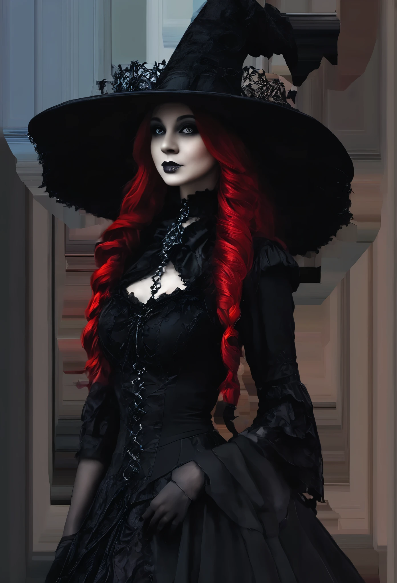 (masterpiece, best quality:1.2), 1girl, solo, Shana in a black dress, short skirt, black lace top, very sexy, hat with a red hat, a photo inspired by Chica Macnab, tumblr, gothic art, gothic outfit, fashionable dark witch, witchcore clothes, gothic!!, goth chic, fantasy outfit, gothic girl, gothic regal, imvu, gothic maiden, in a halloween style, gothic regal and tattered black, gothic dress, short skirt, black lace top, very sexy