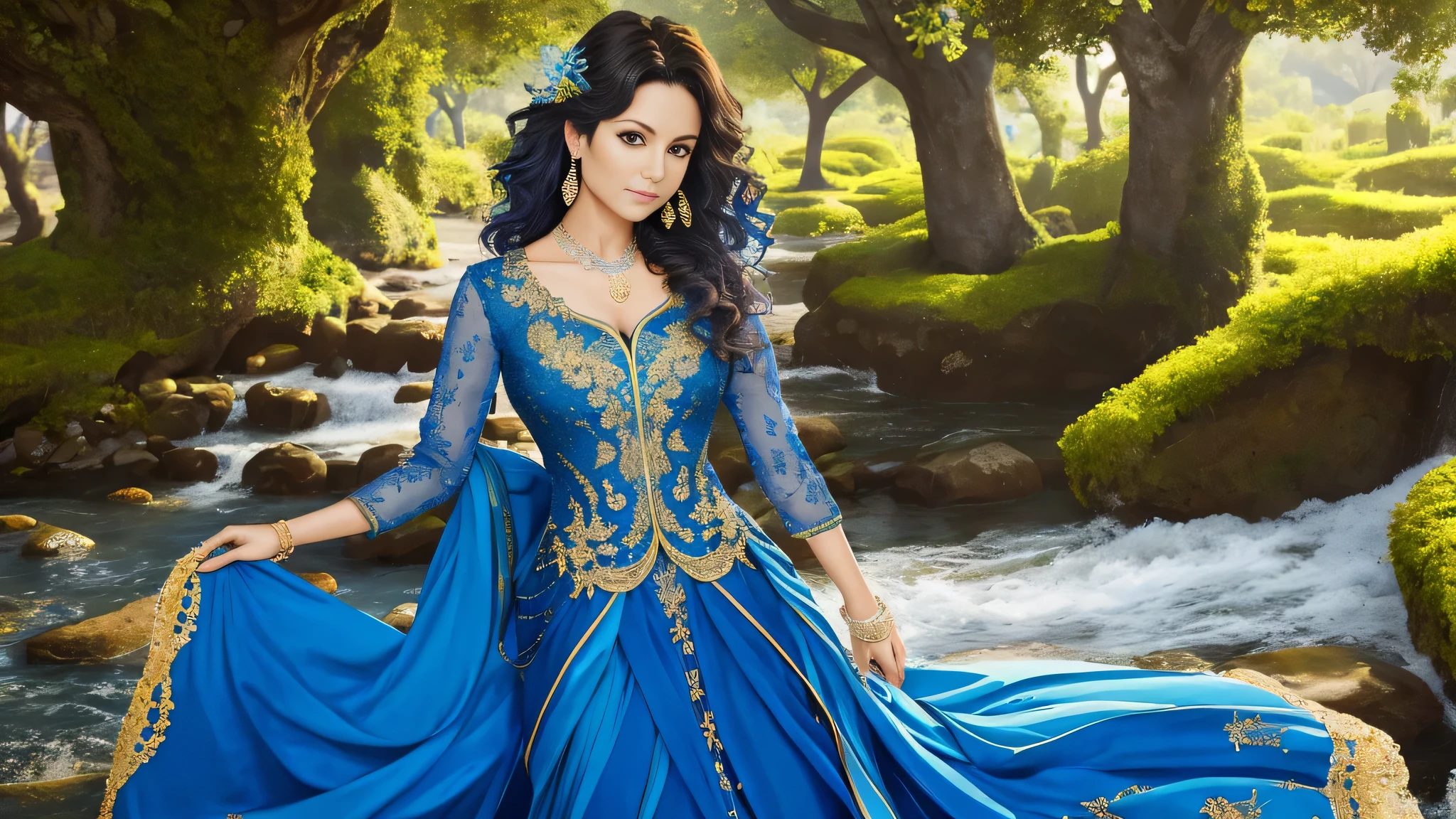 better quality,female 1, adult, beautiful, Espanjo La Orjo Blue Media , intricate details, nature, wavy hair , Front position in formal clothes,perfect body,(Lie:1.3)