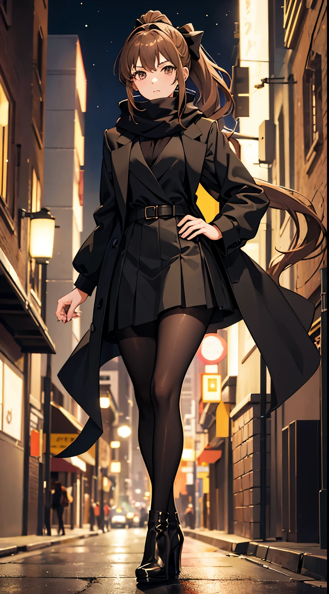 anime woman with light brown hair in a ponytail wearing a black bow, a long black jacket, a skirt, pantyhose, scarf and high heel boots walking on a street at night