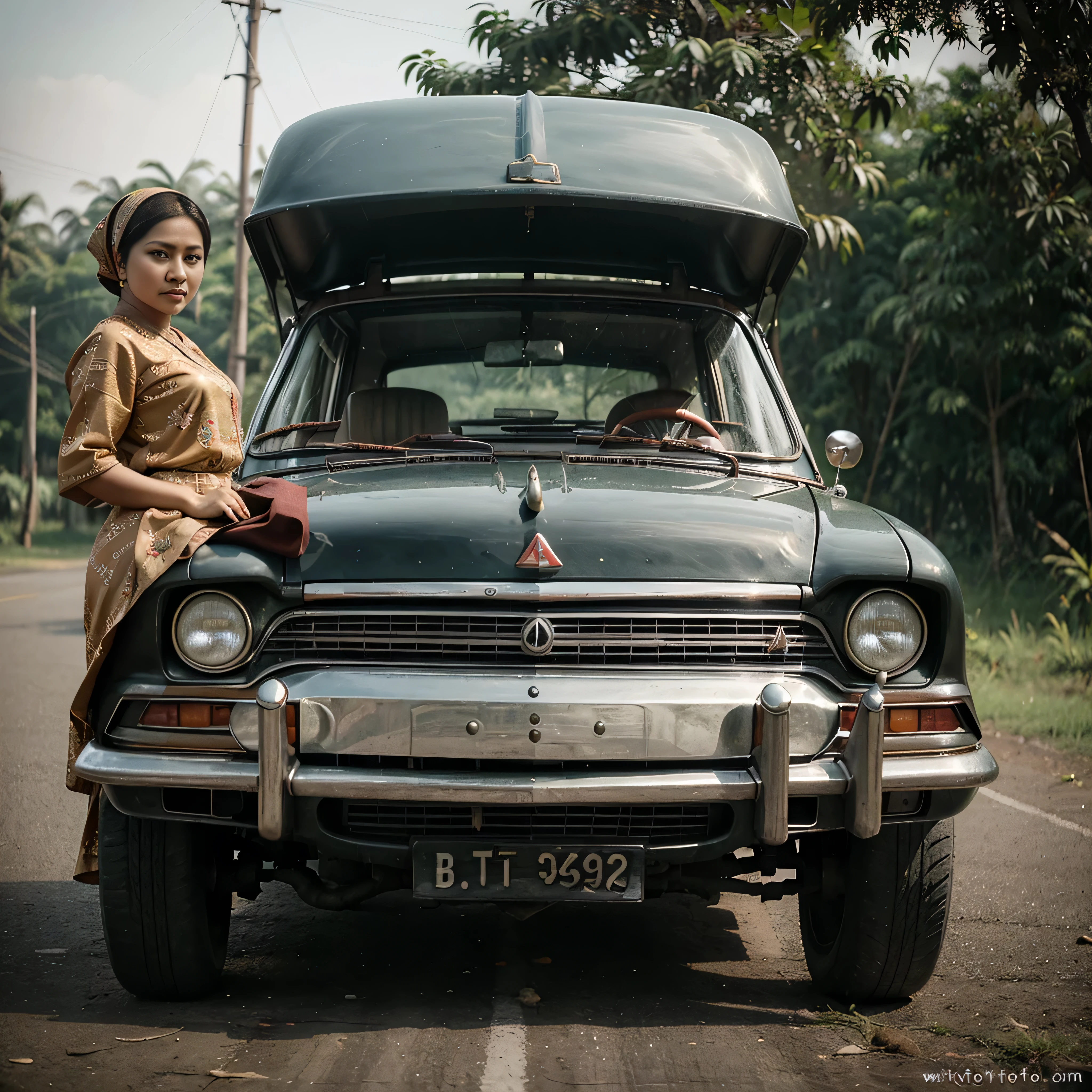fotografi sudut , potret vintage sepasang suami istri asal indonesia bergaya retro tahun 80-an , membaca koran, memakai kacamata hitam di kepalanya , cahaya matahari menyinari wajah , duduk bersandar di dinding bangunan, kereta kuda terlihat dari jarak yang sangat jauh , pencahayaan dinamis, sudut terbaik, foto retro vintage, latar belakang kota di Indonesia dari masa lalu pada tahun 1980 dengan bangunan tua berwarna putih, melihat ke kamera