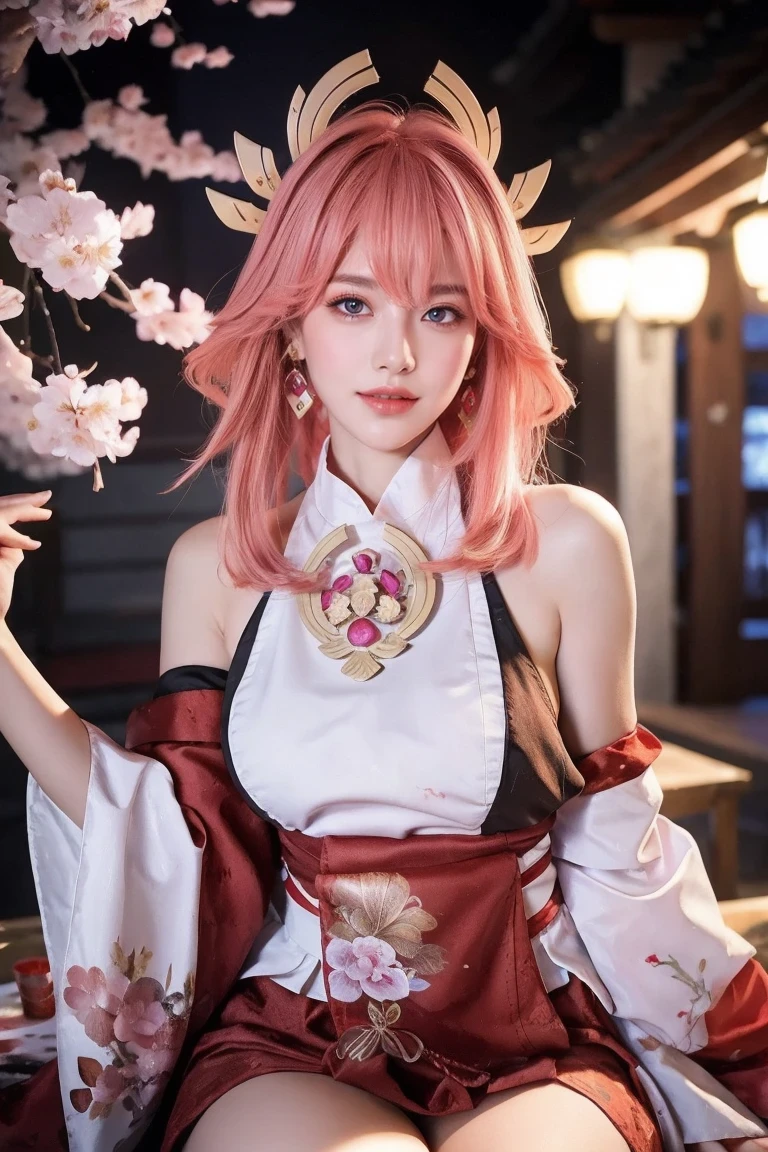 nsfw,kpop idol, yae miko, detached sleeves, bare shoulders, pink hair, long hair, japanese clothes, best quality, (painting:1.5), (hair ornament:1.35), jewelry, purple eyes, earrings, breasts, torii, cherry blossoms, lantern light, depth of field face focus, ribbon_trim, (looking at viewer:1.25), nontraditional miko, shiny skin, long sleeves, smile, thick lips, hands on lips, east asian architecture, (blurry background:1.2), sitting, upper body,((ultra high res, 8k, RAW photo, best quality, masterpiece:1.47746,realistic:1.4, photo-realistic:1.4,cinematic lighting:1,intricate details:1,raw photo:1))(((ultra-detailed:1.47746))),professional lighting,((physically-based rendering:1)), ((ruddy skin:1,sweat))lens flare,ray tracing ,(extremely detailed face, beautiful detailed eyes,expressive hair:1.5,shiny hair;1)cinematic lighting,(vivid expression) (body muscle:1) solo(1girl:1.5)((smiling:1),(plump figure:1,blance body:1)(realistic hand,realistic clothes)
