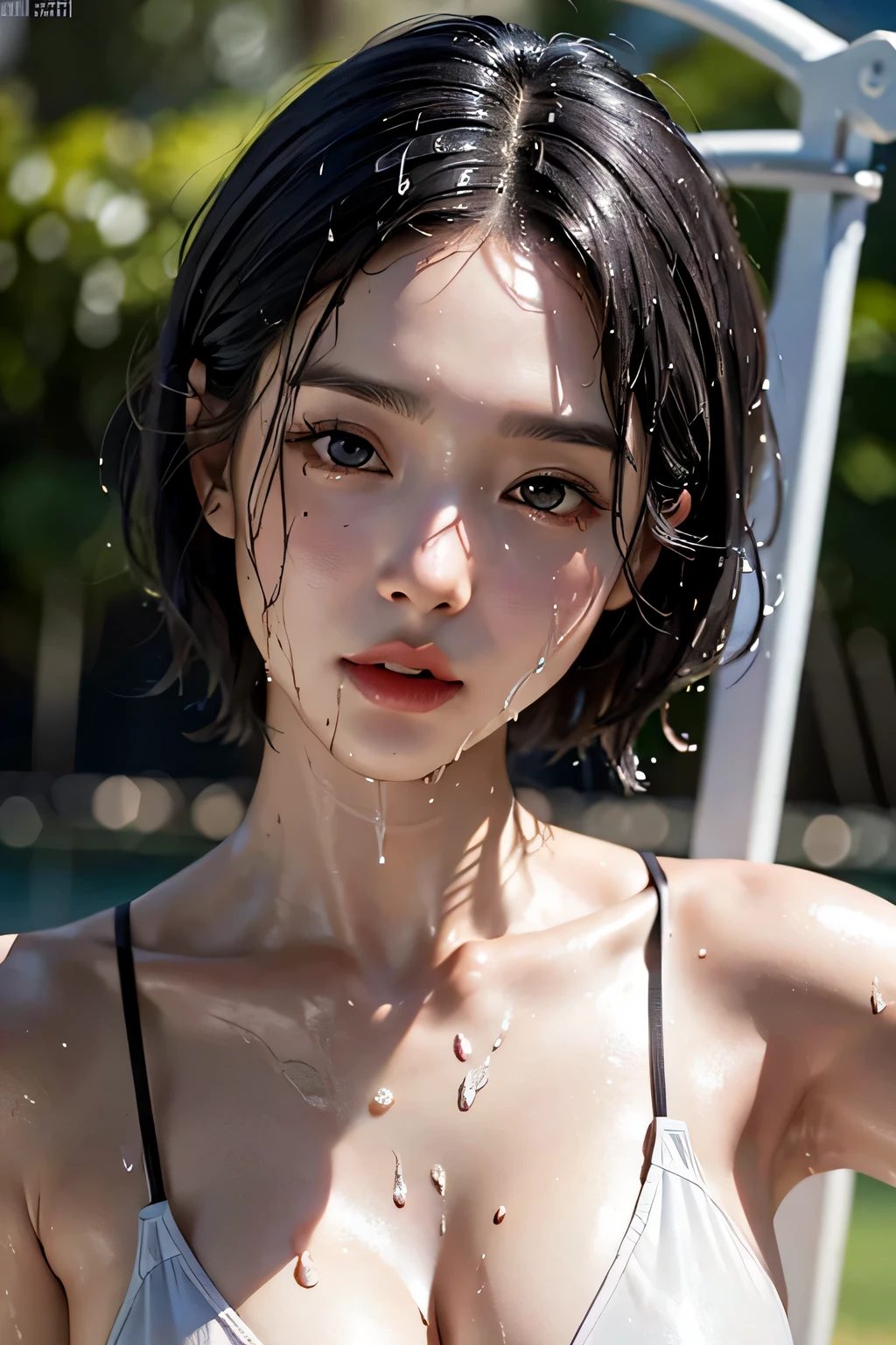 (Masseter muscle part:1.3)、(8K、Photoreal、RAW photo、highest quality: 1.4)、(1 adult female)、beautiful expression、(lifelike face)、sharp brown eyes, supermodel face、(wet black hair、short hair:1.6)、beautiful hairstyle、realistic eyes、beautiful details、(real looking skin)、beautiful skin、(white dress shirt:1.6)、absurd、attractive、超A high resolution、surreal、high detail、golden ratio