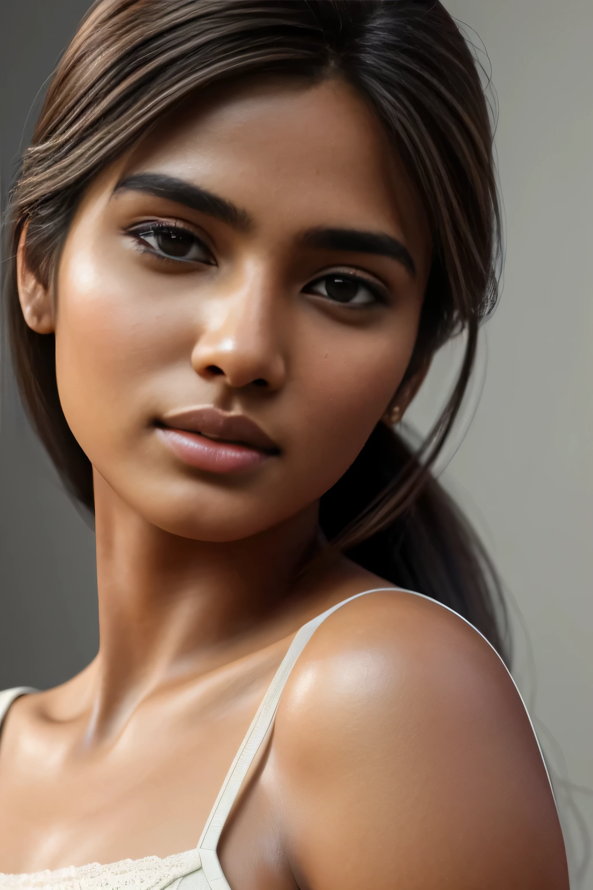 24 years old Indian girl, extremely fair skin tone, golden brown hair color, intricate facial details, flawless complexion, top-notch 3D rendering, hyper-realistic, shot in completely white room orealistic digital art trending on Artstation 8k HD high definition detailed realistic, detailed, skin texture, hyper detailed, realistic skin texture, armature, best quality, ultra high res, (photorealistic:1.4),, high resolution, detailed, raw photo, 400 camera f1.6 lens rich colors hyper realistic lifelike texture dramatic lighting unrealengine trending on artstation cinestill 800