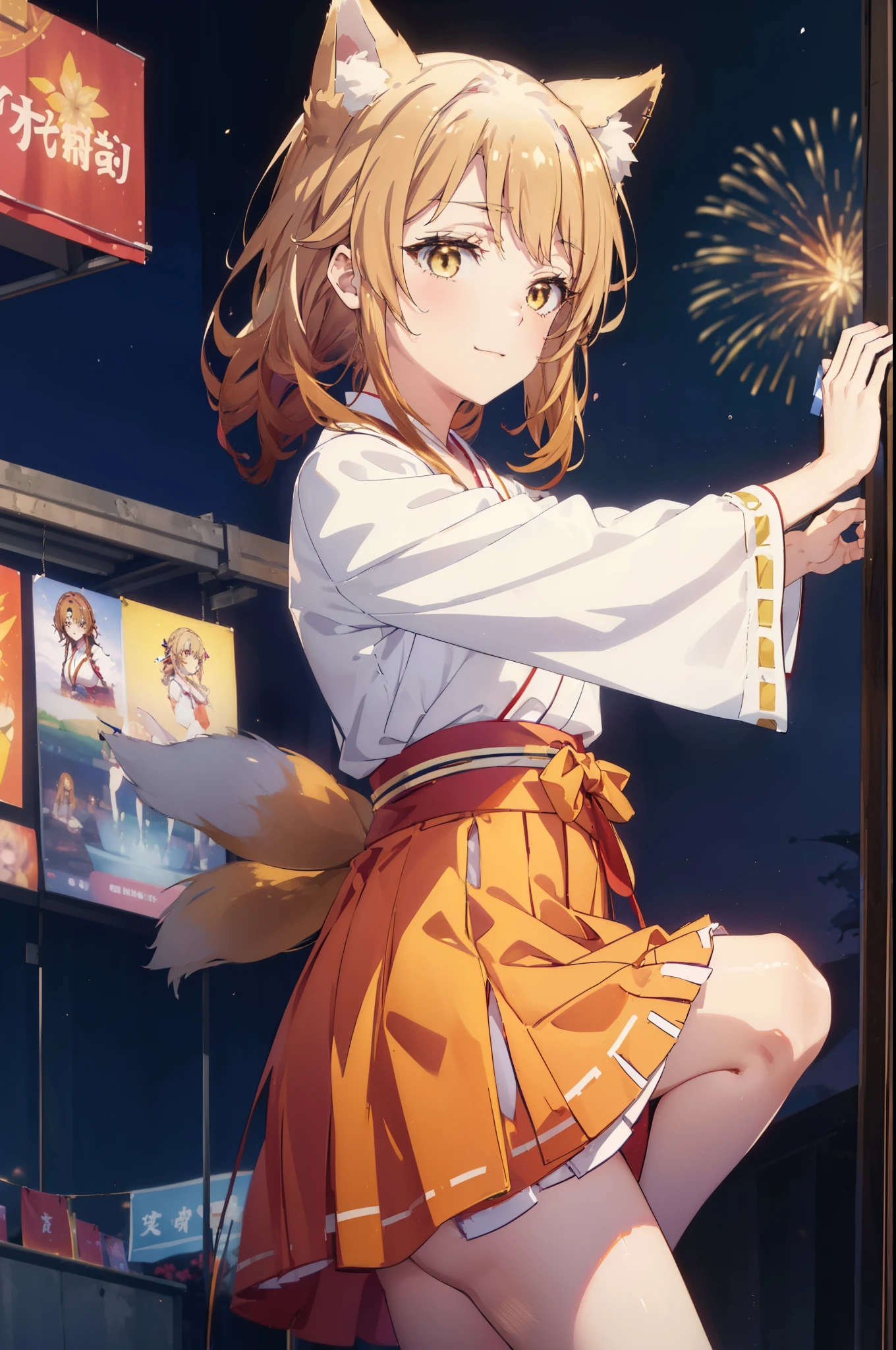 irohaisshiki, iroha isshiki, long hair, brown hair, (brown eyes:1.5), happy smile, smile, open your mouth,short braided hair,ponytail,animal ears　fox ears,animal tail　fox tail,bellflower,Miko, kimono, Red too,kimono, same as skirt, wide sleeve, long sleeve, Ribbon trim sleeves, white foot bag,Zori sandals,firework in the night sky、firework、The place is a firework display,Time is night,sunny day,全身がイラストに入るように
break outdoors, festival,
break looking at viewer,
break (masterpiece:1.2), highest quality, High resolution, unity 8k wallpaper, (shape:0.8), (beautiful deしっぽed eyes:1.6), extremely deしっぽed face, perfect lighting, extremely deしっぽed CG, (perfect hands, perfect anatomy),