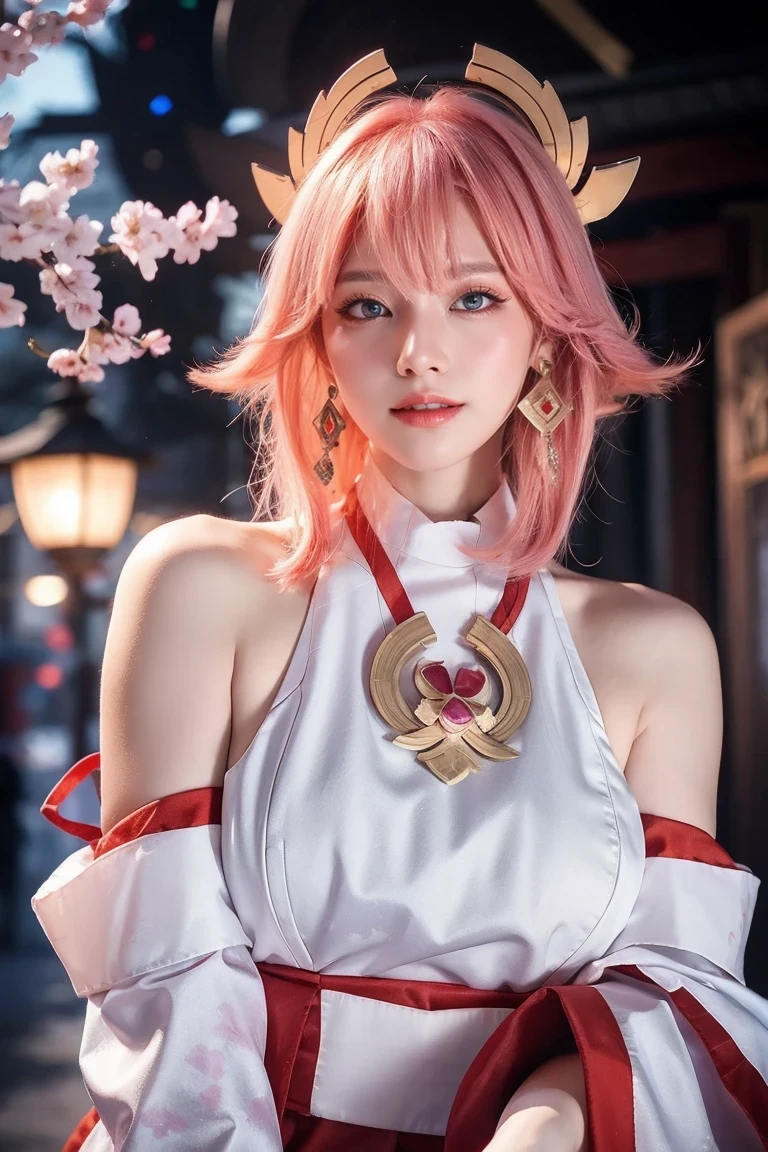 nsfw,kpop idol, yae miko, detached sleeves, bare shoulders, pink hair, long hair, japanese clothes, best quality, (painting:1.5), (hair ornament:1.35), jewelry, purple eyes, earrings, breasts, torii, cherry blossoms, lantern light, depth of field face focus, ribbon_trim, (looking at viewer:1.25), nontraditional miko, shiny skin, long sleeves, smile, thick lips, hands on lips, east asian architecture, (blurry background:1.2), sitting, upper body,((ultra high res, 8k, RAW photo, best quality, masterpiece:1.47746,realistic:1.4, photo-realistic:1.4,cinematic lighting:1,intricate details:1,raw photo:1))(((ultra-detailed:1.47746))),professional lighting,((physically-based rendering:1)), ((ruddy skin:1,sweat))lens flare,ray tracing ,(extremely detailed face, beautiful detailed eyes,expressive hair:1.5,shiny hair;1)cinematic lighting,(vivid expression) (body muscle:1) solo(1girl:1.5)((smiling:1),(plump figure:1,blance body:1)(realistic hand,realistic clothes)