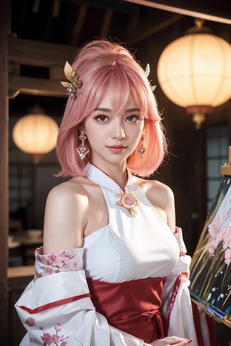 kpop idol, yae miko, detached sleeves, bare shoulders, pink hair, long hair, japanese clothes, best quality, (painting:1.5), (hair ornament:1.35), jewelry, purple eyes, earrings, breasts, torii, cherry blossoms, lantern light, depth of field face focus, ribbon_trim, (looking at viewer:1.25), nontraditional miko, shiny skin, long sleeves, smile, thick lips, hands on lips, east asian architecture, (blurry background:1.2), sitting, upper body,((ultra high res, 8k, RAW photo, best quality, masterpiece:1.47746,realistic:1.4, photo-realistic:1.4,cinematic lighting:1,intricate details:1,raw photo:1))(((ultra-detailed:1.47746))),professional lighting,((physically-based rendering:1)), ((ruddy skin:1,sweat))lens flare,ray tracing ,(extremely detailed face, beautiful detailed eyes,expressive hair:1.5,shiny hair;1)cinematic lighting,(vivid expression) (body muscle:1) solo(1girl:1.5)((smiling:1),(plump figure:1,blance body:1)(realistic hand,realistic clothes)