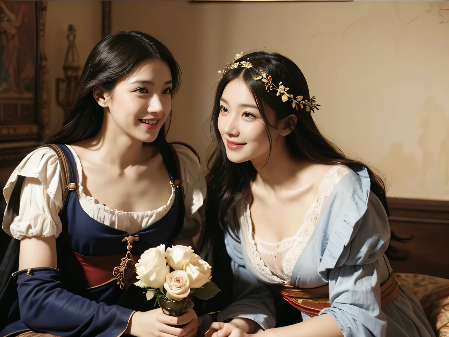 Giorgione painting style,Arguments of two female Philosophe,math、astronomical machine、astronaut、roses in vase、fruits、Cute trinkets、smile、ancient greek costume、Ancient Roman landscape in the style of Nicolas Poussin,laughter,,Sweet and seductive appearance.、Caravaggio's paintings、Chiaroscuro of Caravaggio、hair tousled by the wind,Two women frolicking,cute smile, expression of ecstasy,Sexy,erotic