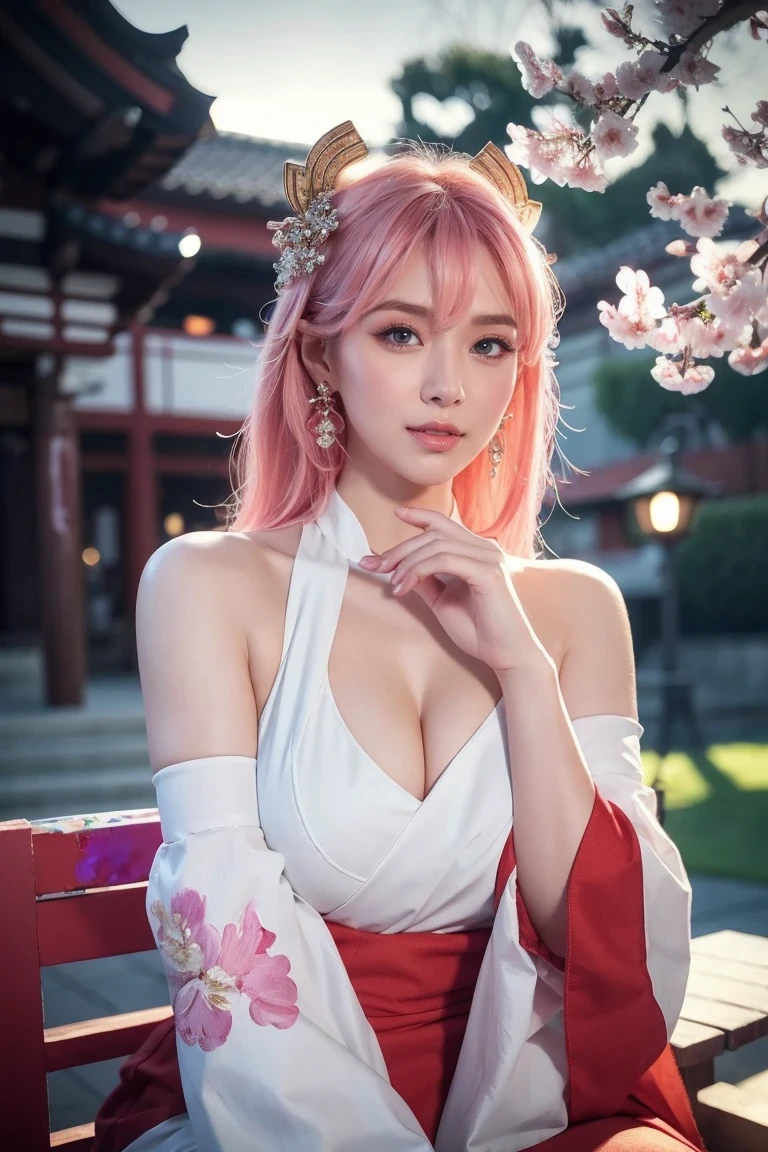 kpop idol, yae miko, detached sleeves, bare shoulders, pink hair, long hair, japanese clothes, best quality, (painting:1.5), (hair ornament:1.35), jewelry, purple eyes, earrings, breasts, torii, cherry blossoms, lantern light, depth of field face focus, ribbon_trim, (looking at viewer:1.25), nontraditional miko, shiny skin, long sleeves, smile, thick lips, hands on lips, east asian architecture, (blurry background:1.2), sitting, upper body,((ultra high res, 8k, RAW photo, best quality, masterpiece:1.47746,realistic:1.4, photo-realistic:1.4,cinematic lighting:1,intricate details:1,raw photo:1))(((ultra-detailed:1.47746))),professional lighting,((physically-based rendering:1)), ((ruddy skin:1,sweat))lens flare,ray tracing ,(extremely detailed face, beautiful detailed eyes,expressive hair:1.5,shiny hair;1)cinematic lighting,(vivid expression) (body muscle:1) solo(1girl:1.5)((smiling:1),(plump figure:1,blance body:1)(realistic hand,realistic clothes)