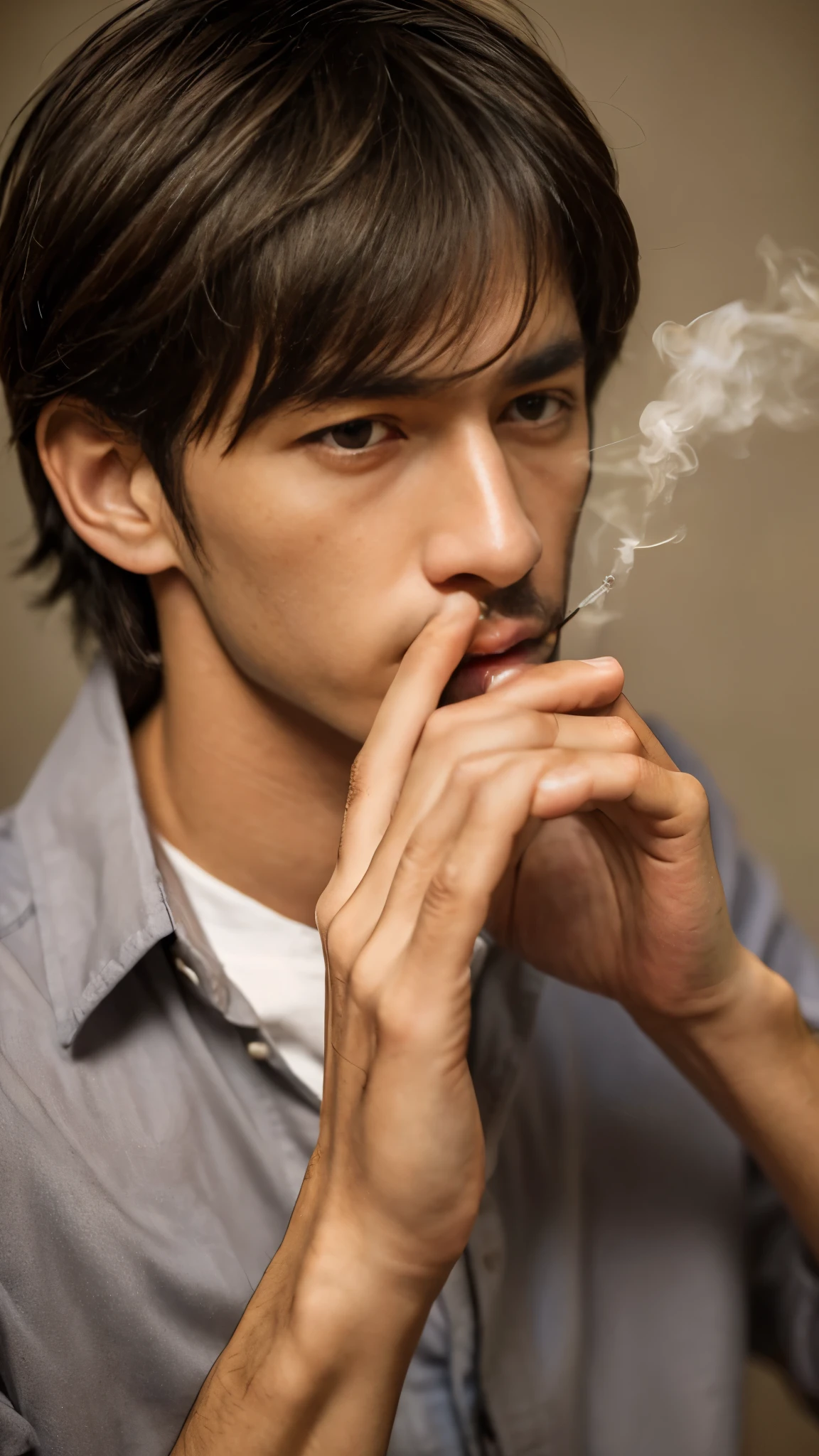 RAW photo, 1man , [李克勤:张敬轩:0.3], (((smoking))), cigarette, expressionless, black clothes, earrings, lots of smoke, simple background, (high detailed skin:1.2), 8k uhd, dslr, soft lighting, high quality, film grain, Fujifilm XT3