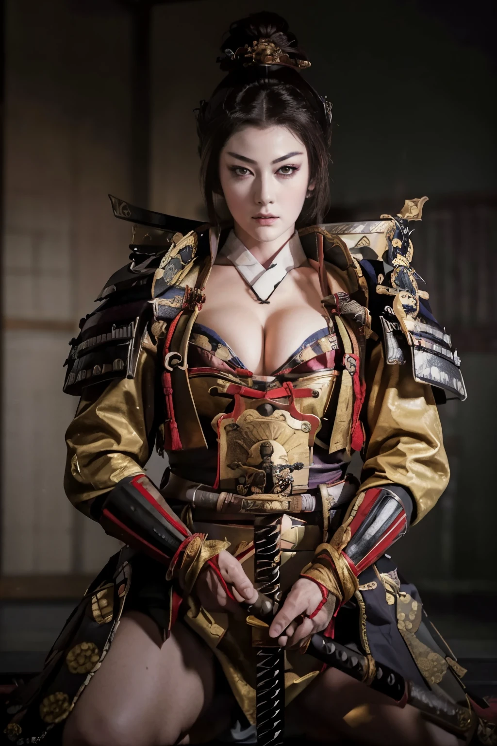 (8K, highest quality, masterpiece:1.2), (realistic:1.4), Raw photo, highest quality, ultra high resolution, best shadow, (full body:1), historical heroine, cleavage, Swordmaster, kabuki, (samurai sword), large scale amazing environment, horror, dark horror, highly detailed facial features, beautiful and perfect face, perfect eyes, perfect fingers,