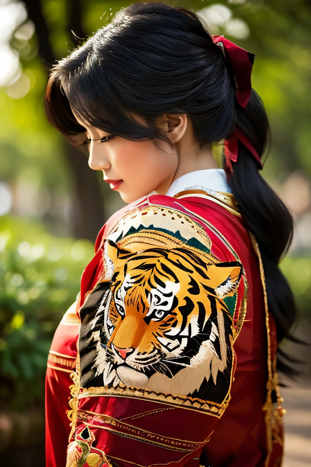 tiger embroidery, from side, embroidery, gold Embroidery thread, walk
