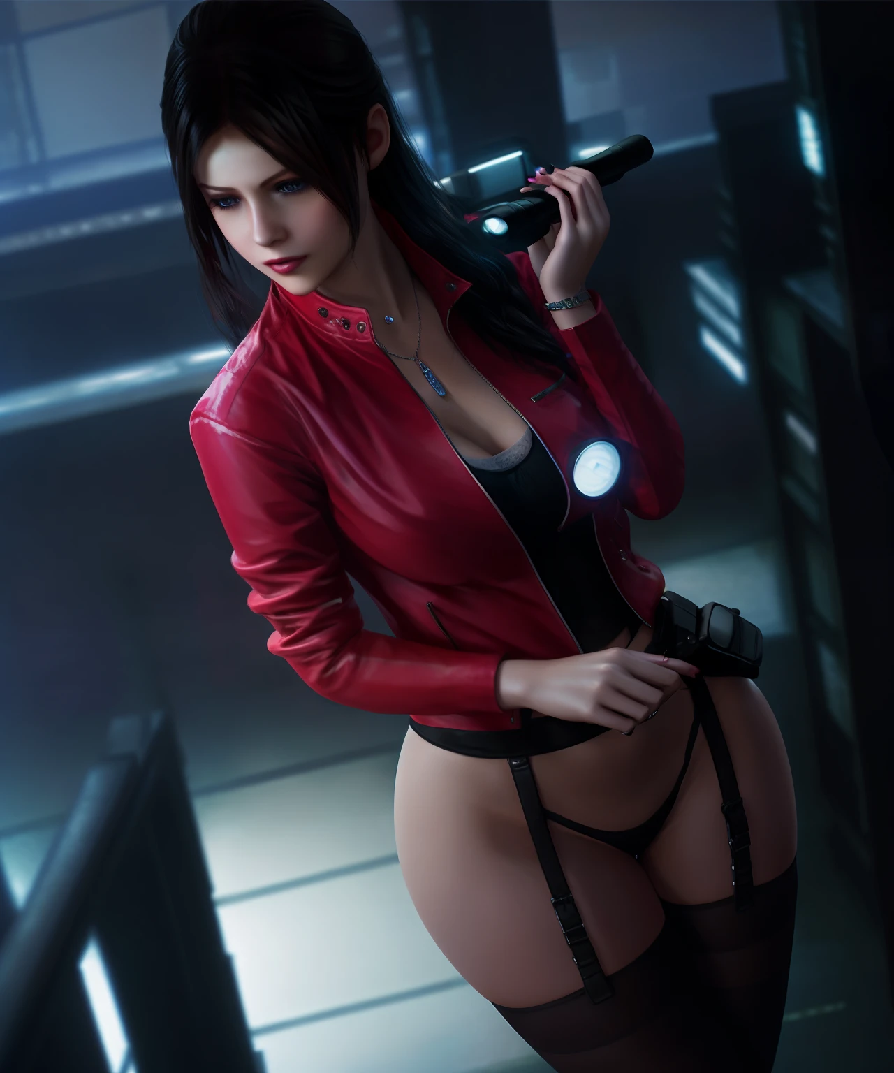 Claire Redfield, a cute woman, in black lace lingerie, lace stockings, open red jacket, busty, sexy, perfect body, perfect figure, perfect lighting, posing, by conor harrington, (looking at viewer:1.1) (from above:1.1), (Cyberpunk), futuristic, neon, urban, dystopian, cyberpunk, in heavy raining futuristic tokyo rooftop cyberpunk night, sci-fi, fantasy, intricate, very very beautiful, elegant, neon light, highly detailed, digital painting, artstation, concept art, soft light, hdri, smooth, sharp focus, illustration, art by tian zi and craig mullins and wlop and alphonse mucha