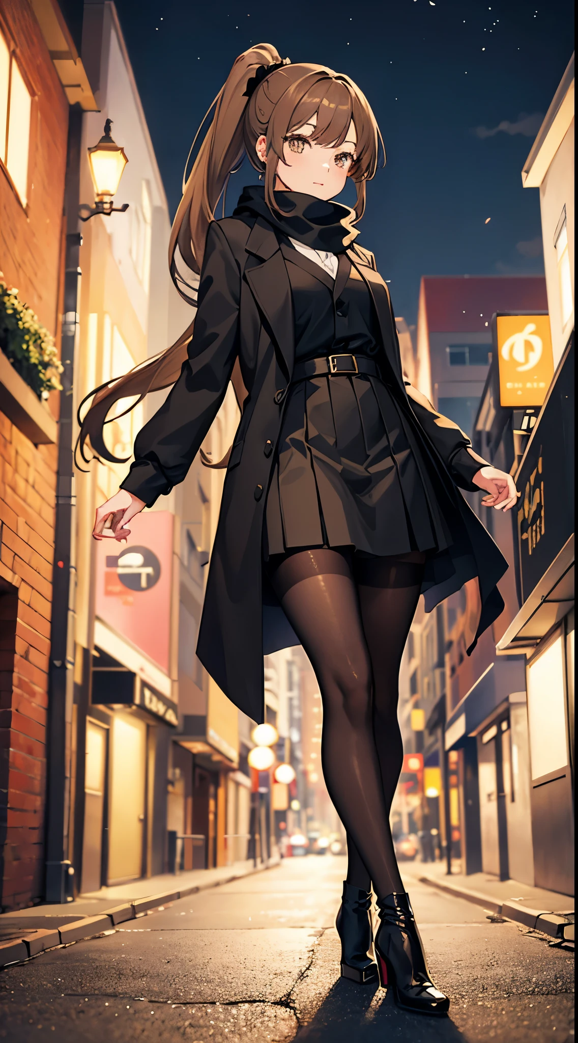 anime woman with light brown hair in a ponytail wearing a black bow, a long black jacket, a skirt, pantyhose, scarf and high heel boots walking on a street at night