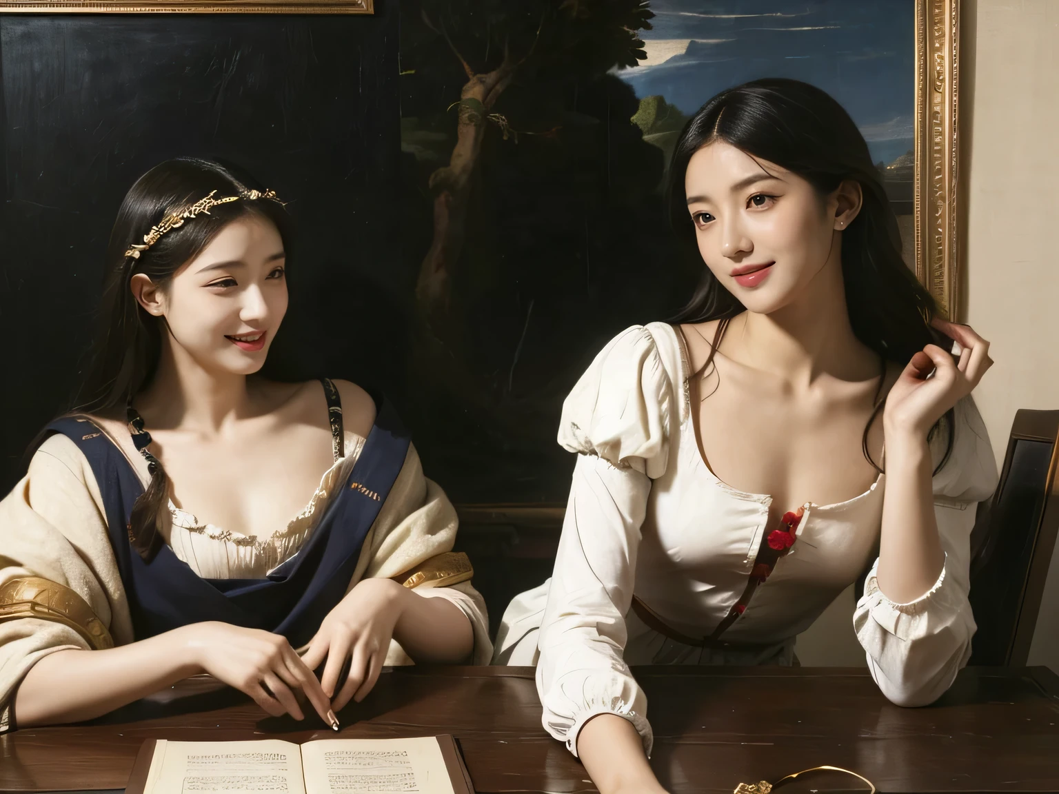Giorgione painting style,Arguments of two female Philosophe,math、astronomical machine、astronaut、roses in vase、fruits、Cute trinkets、smile、ancient greek costume、Ancient Roman landscape in the style of Nicolas Poussin,laughter,,Sweet and seductive appearance.、Caravaggio's paintings、Chiaroscuro of Caravaggio、hair tousled by the wind,Two women frolicking,cute smile, expression of ecstasy,Sexy,erotic