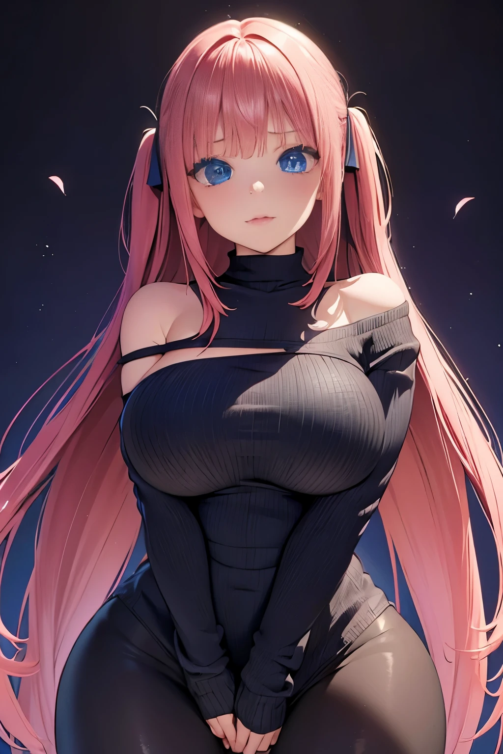 Optimal，masterpiece，High resolution，highest quality，（Upper body），cute face，，pink hair、twin tails、long hair、hair line，（（blue eyes）），long eyelashes，drooping corners of the eyes，white skin，((shoot from the front:1.5)), ((Tight knit off-shoulder sweater:1.5)), ((tight yoga pants)). ((transparent nipples))、((black gloves))、rocket tits, ((big breasts:1.3))