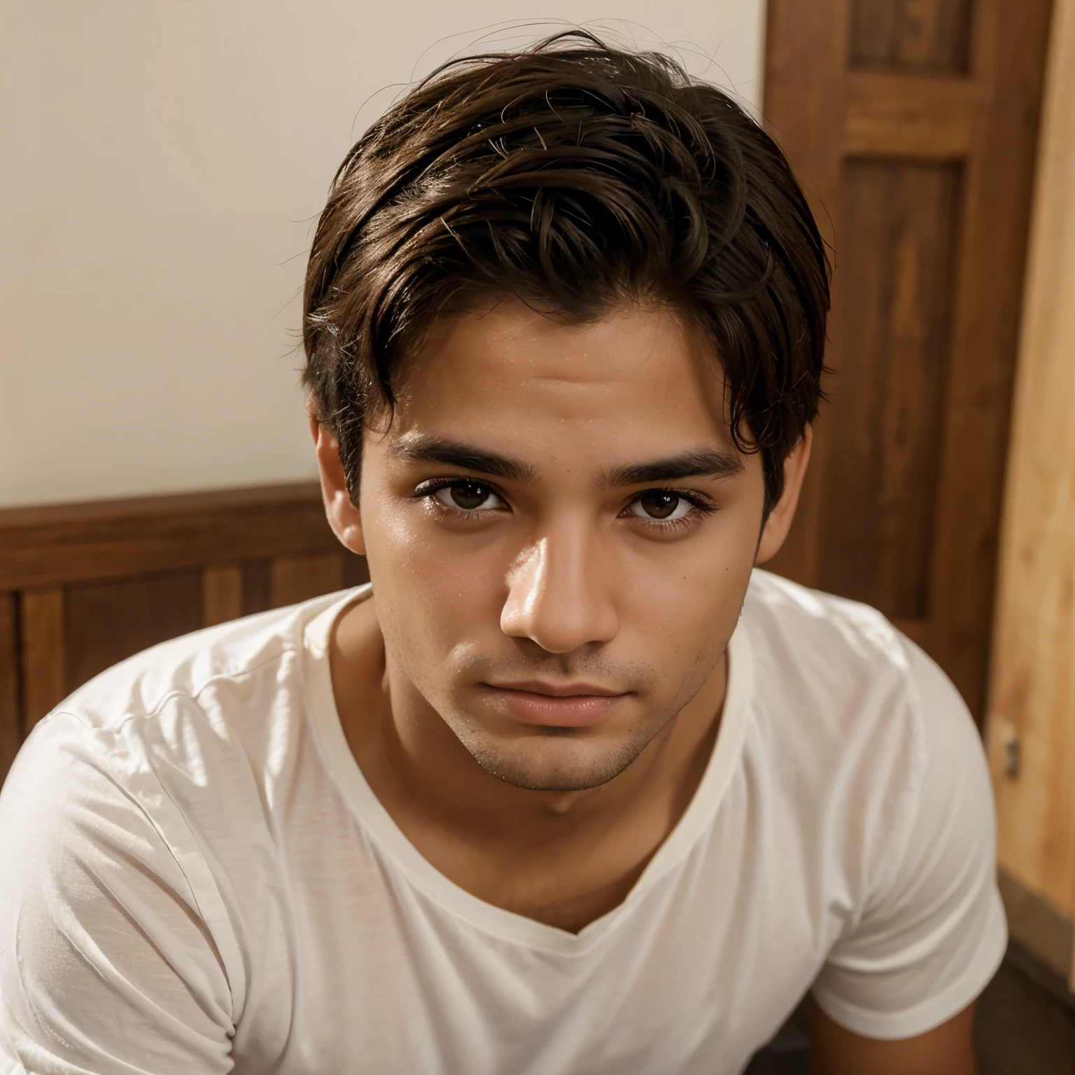 Um menino lindo com olhos castanhos com tanquinho 