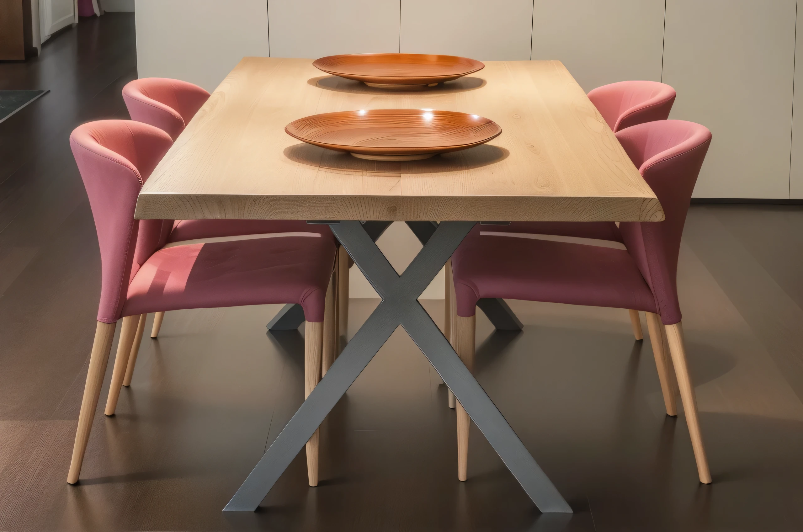 there are two plates on the table with pink chairs, wood table, center focus on table, wooden table, over vivid dark wood table, detailed wooden table, dining table, tables, table, wooden tables, by Carlo Martini, by Raphaël Collin, dinner table, by Emanuel Witz, by Anton Graff, warm colored furniture, wood furnishings