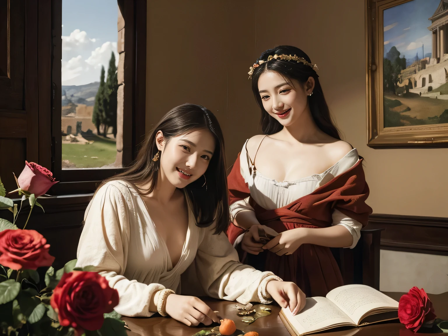 Giorgione painting style,Arguments of two female Philosophe,math、astronomical machine、astronaut、roses in vase、fruits、Cute trinkets、smile、ancient greek costume、Ancient Roman landscape in the style of Nicolas Poussin,laughter,,Sweet and seductive appearance.、Caravaggio's paintings、Chiaroscuro of Caravaggio、hair tousled by the wind,Two women frolicking,cute smile, expression of ecstasy,Sexy,erotic
