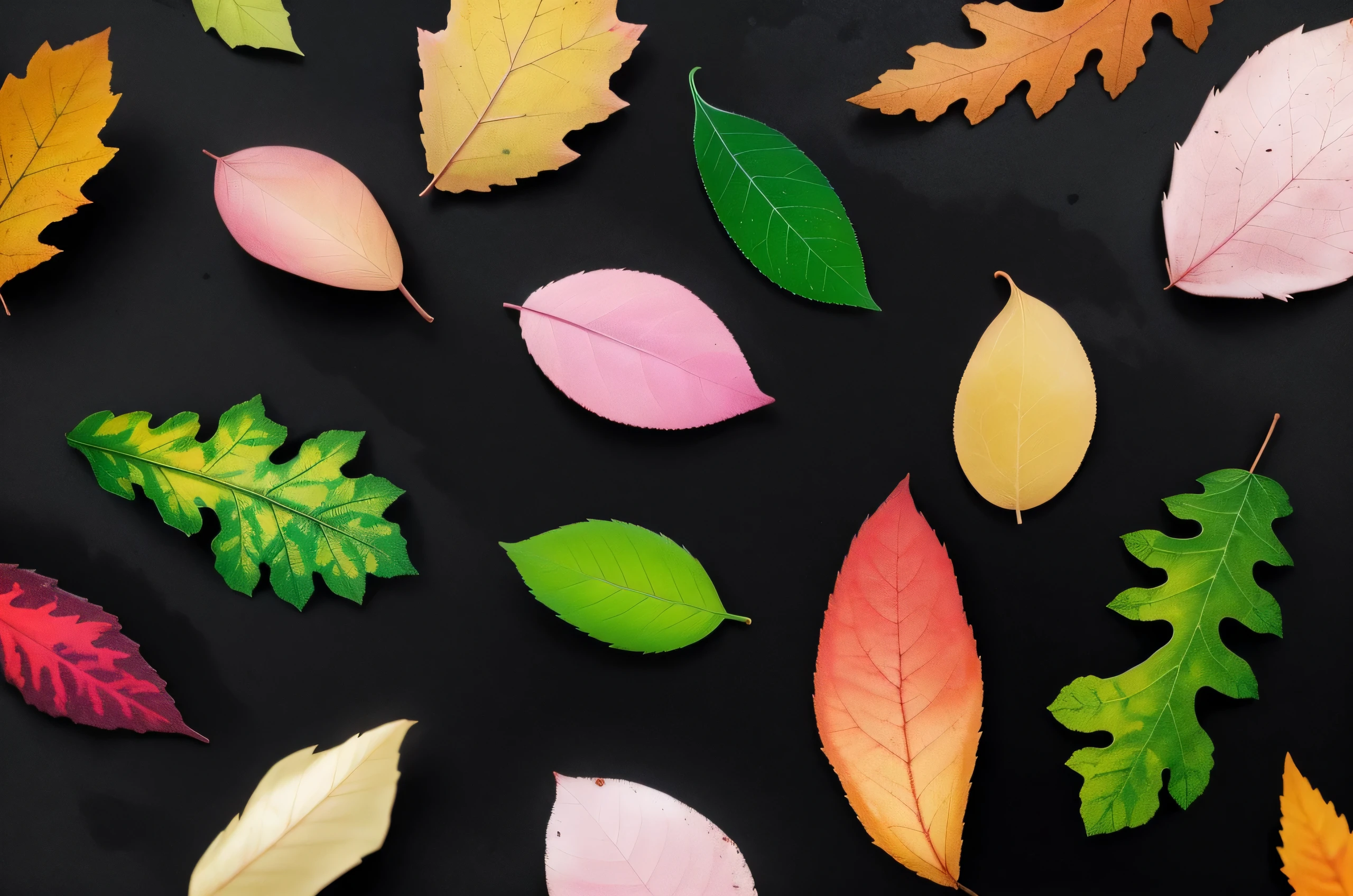 a close up of a bunch of different colored leaves on a black surface, colorful leaves, color leaves, lots of leaves, autumn leaves background, multicolored weed leaves, many leaves, flying leaves on backround, small clocks as leaves, fall leaves on the floor, dried leaves, leafs falling, fall leaves, leafs, vibrant colorful green leaves, autumn leaves