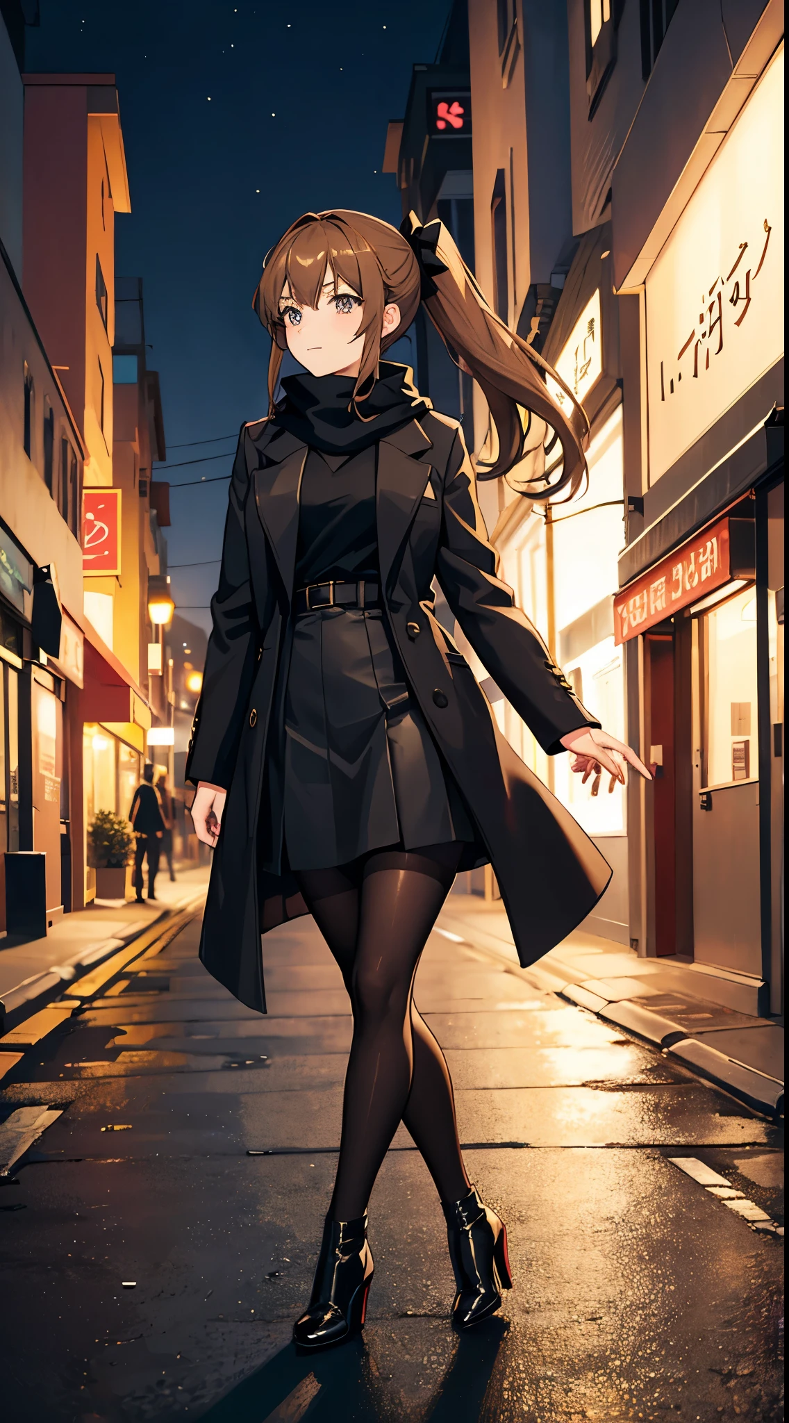 anime woman with light brown hair in a ponytail wearing a black bow, a long black jacket, a skirt, pantyhose, scarf and high heel boots walking on a street at night