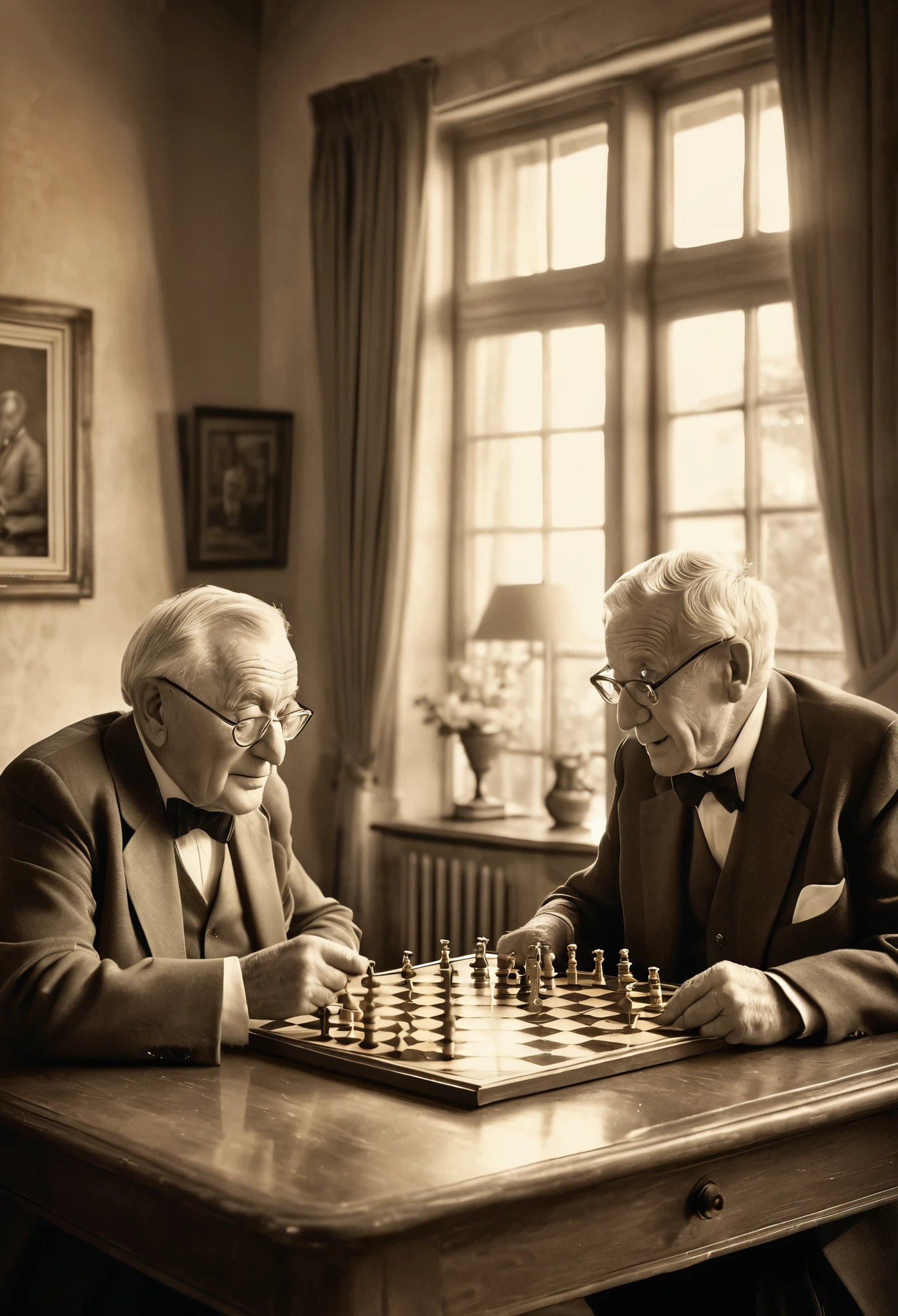 masterpiece, a sepia photo on the desk, two elderly gentlemen playing chess happily facing each other, an old house, two glasses of champagne, a nostalgic scene