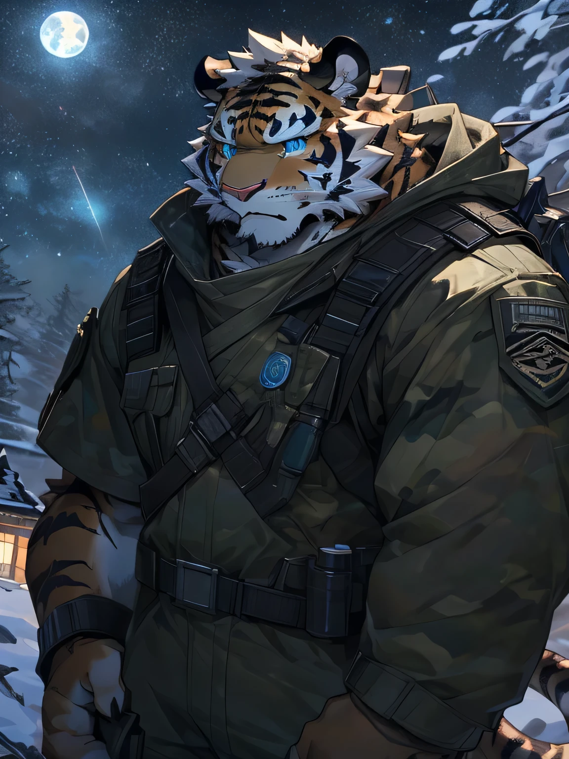 (masterpiece),Very detailed,(best quality),fuzzy,tiger,(((black fur))),((The eyes are composed of blue sclera and black iris)),extremely strong,Soldier,(wilderness),It's night,(Black camouflage combat uniform),(serious expression),middle aged,8k,(high quality),Japanese animation