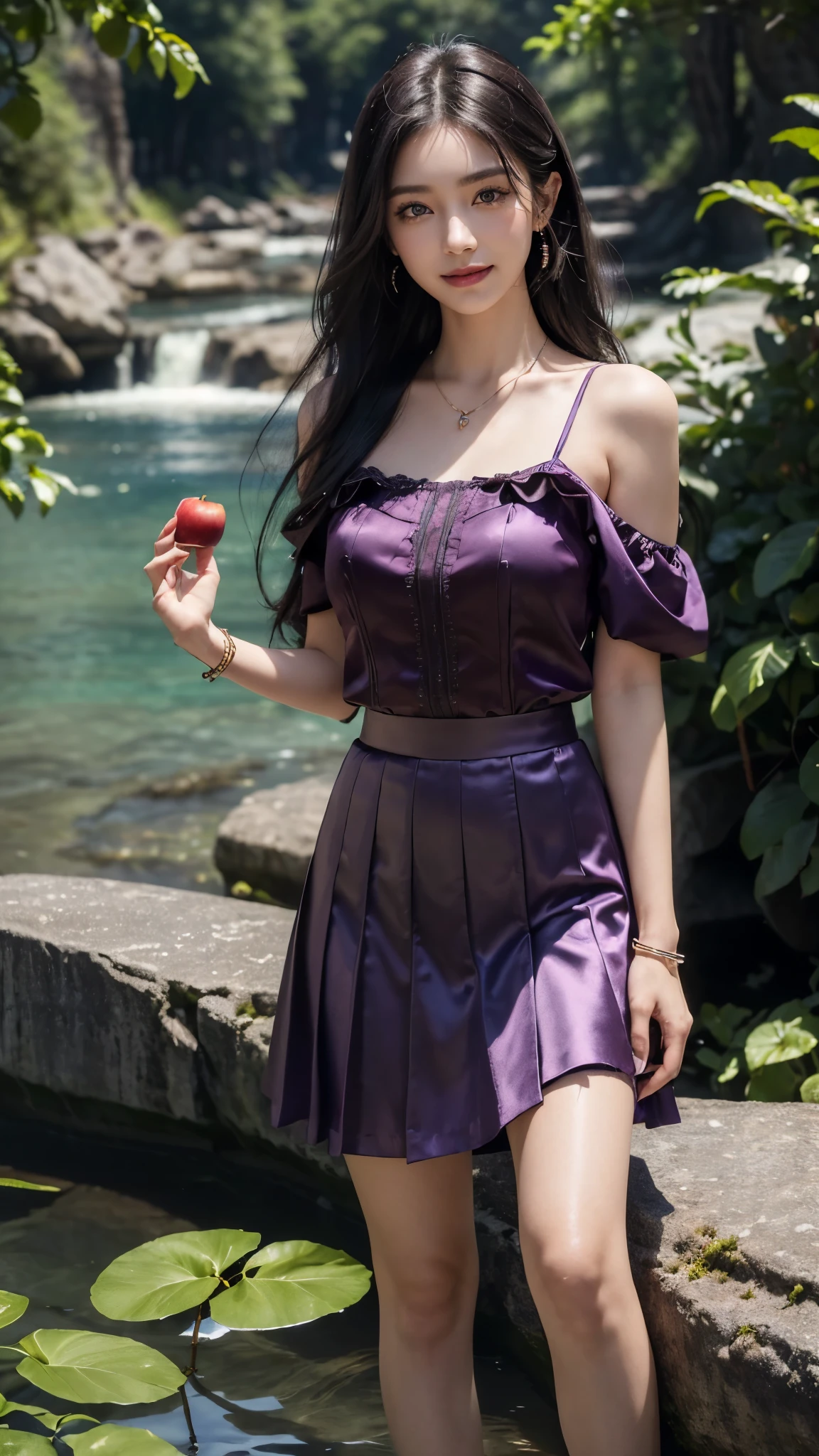 beautiful young japanese girl, 16 years old, virgin, pure and innocent atmosphere, in front of a lord's manor in the main entrance, (off-shoulder silver breastplate, purple slit long skirt, purple arm cover),((full body, standing)), coy demonic smile, white teeth, open mouth, blushing, fidgeting hands, translucent skin, hands clasped in front, small breasts, cleavage, beautiful legs, glossy straight medium black hair, asymmetrical bangs, greeting
