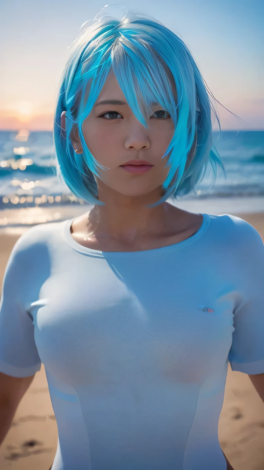 One Girl　Russia　Flat Chest　Small breasts　slender　coastal　shoot from below　（Completely naked）　（Lift one leg:1.5)　Wet body　Standing　whole body　beauty　High resolution　High precision　（Blue Hair:2）　Detailed skin　　blue eyes　Detailed face　smile　（Bobcut）　Trim your bangs　