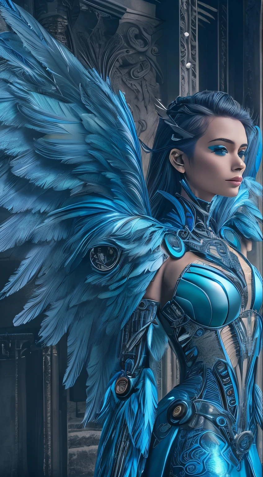 Close-up of a woman in a blue dress with wings, full body angel, futuristic robot angel, amazing angel wings, angel knight gothic girl, angel in plastic armor, intricate costume designs, As a mysterious Valkyrie, The whole body is made of blue feathers,, futuristic and fantastic, Blue wings, beautiful angel wings, steampunk angel, beautiful cyborg angel girl, graceful wings