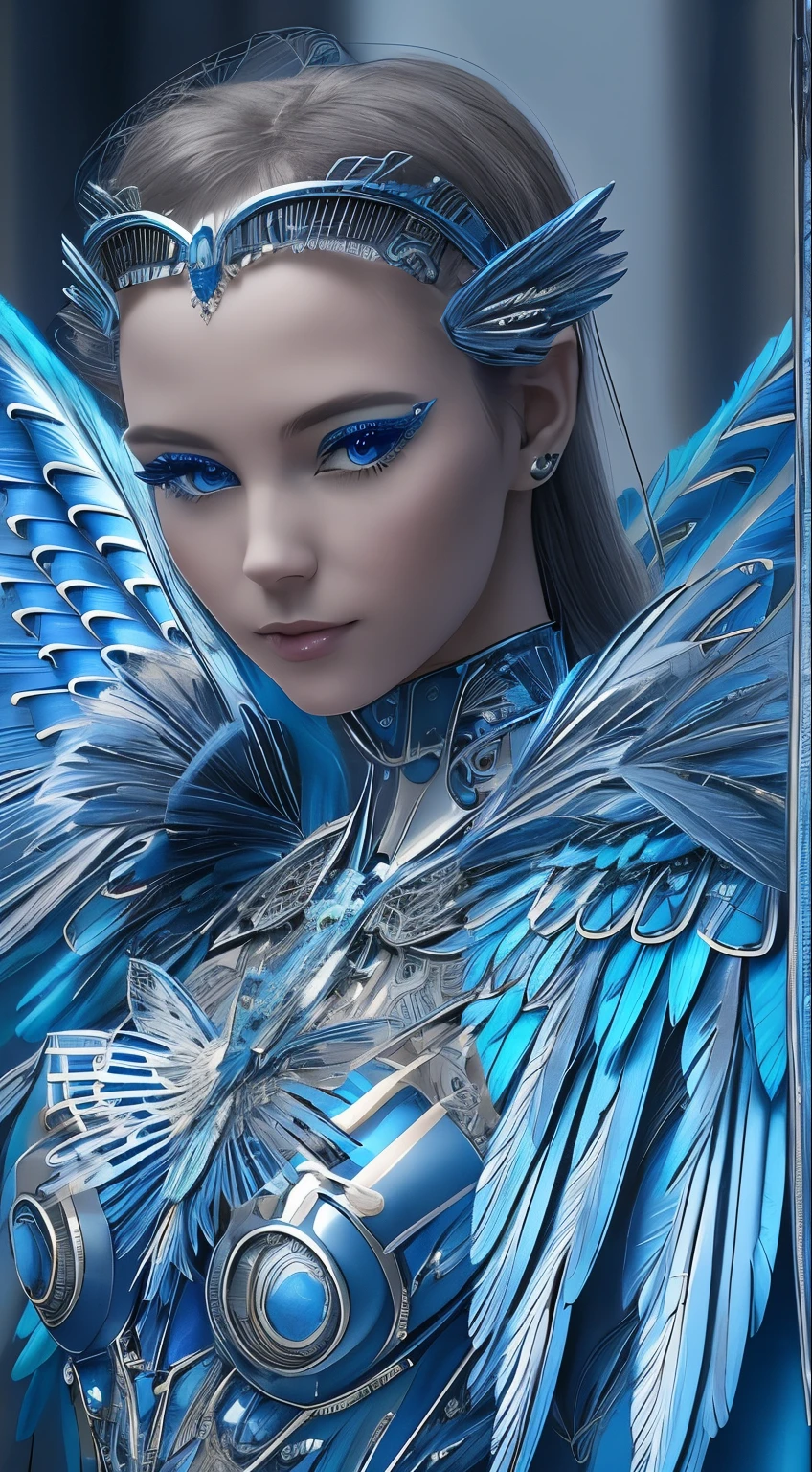 Close-up of a woman in a blue dress with wings, full body angel, futuristic robot angel, amazing angel wings, angel knight gothic girl, angel in plastic armor, intricate costume designs, As a mysterious Valkyrie, The whole body is made of blue feathers,, futuristic and fantastic, Blue wings, beautiful angel wings, steampunk angel, beautiful cyborg angel girl, graceful wings