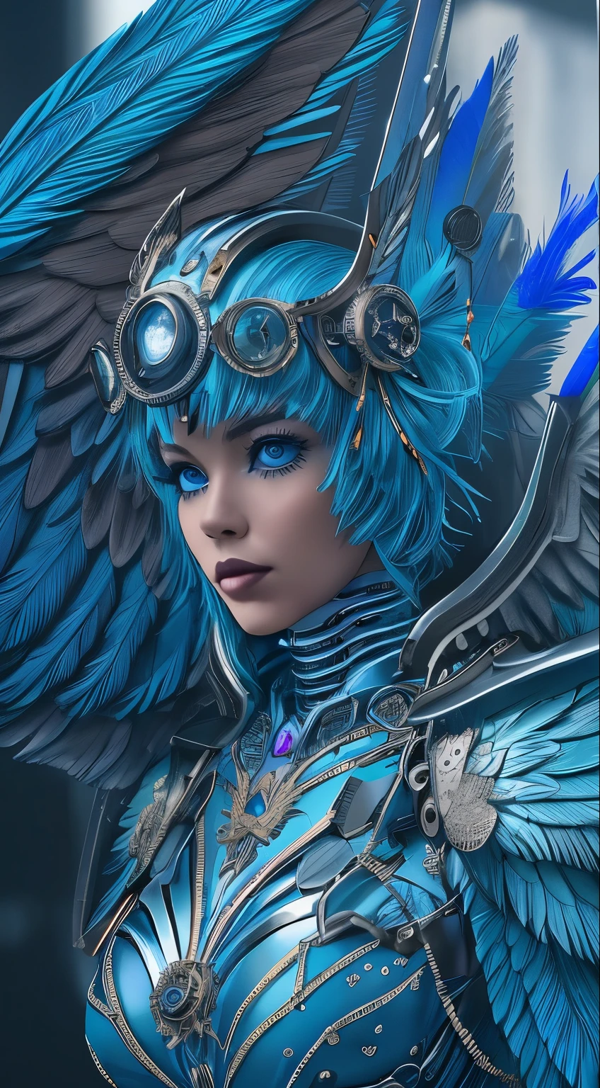 Close-up of a woman in a blue dress with wings, full body angel, futuristic robot angel, amazing angel wings, angel knight gothic girl, angel in plastic armor, intricate costume designs, As a mysterious Valkyrie, The whole body is made of blue feathers,, futuristic and fantastic, Blue wings, beautiful angel wings, steampunk angel, beautiful cyborg angel girl, graceful wings