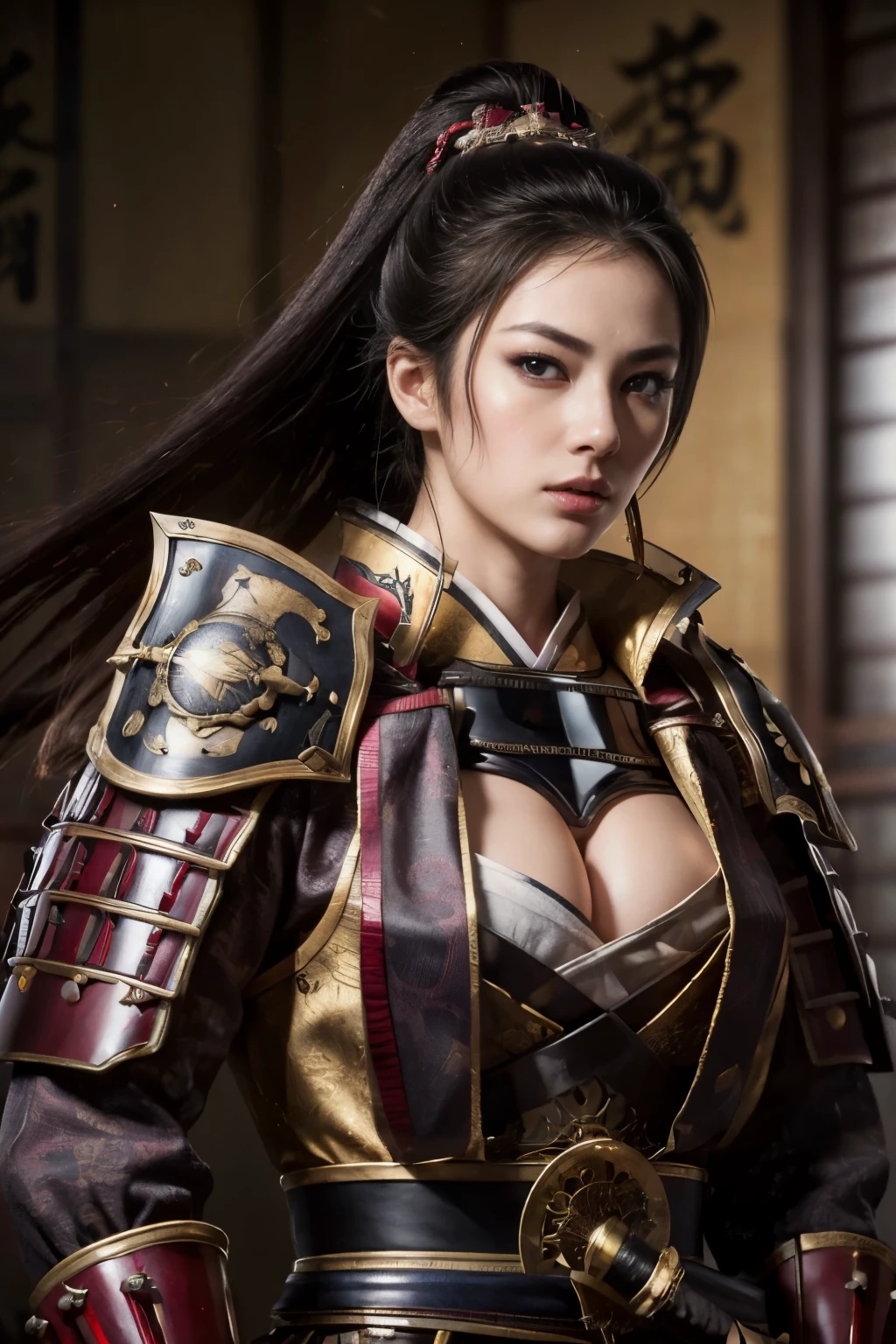 (8K, highest quality, masterpiece:1.2), (realistic:1.4), Raw photo, highest quality, ultra high resolution, best shadow, (full body:1), historical heroine, cleavage, Swordmaster, kabuki, (samurai sword), large scale amazing environment, horror, dark horror, highly detailed facial features, beautiful and perfect face, perfect eyes, perfect fingers,