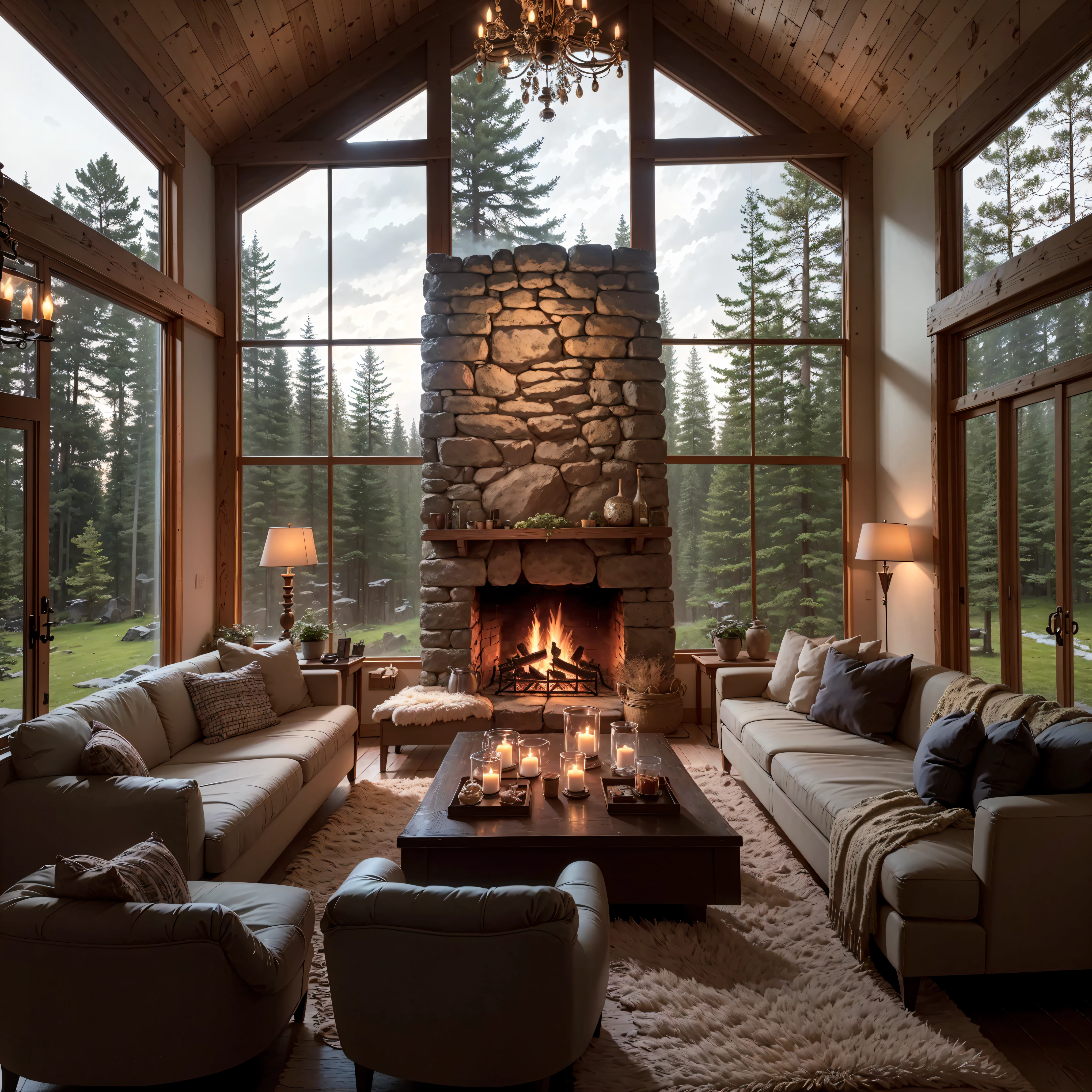 THIS EVENING WOODEN CABIN LIVING ROOM ANIME BACKGROUND, (COZY ATMOSPHERE), (SUBTLE LIGHTING), BRIGHT STONE FIREPLACE FIRE, LIONSKIN RUG THIS EVENING BEST QUALITY, TRANSPARENT GLASS WINDOWS