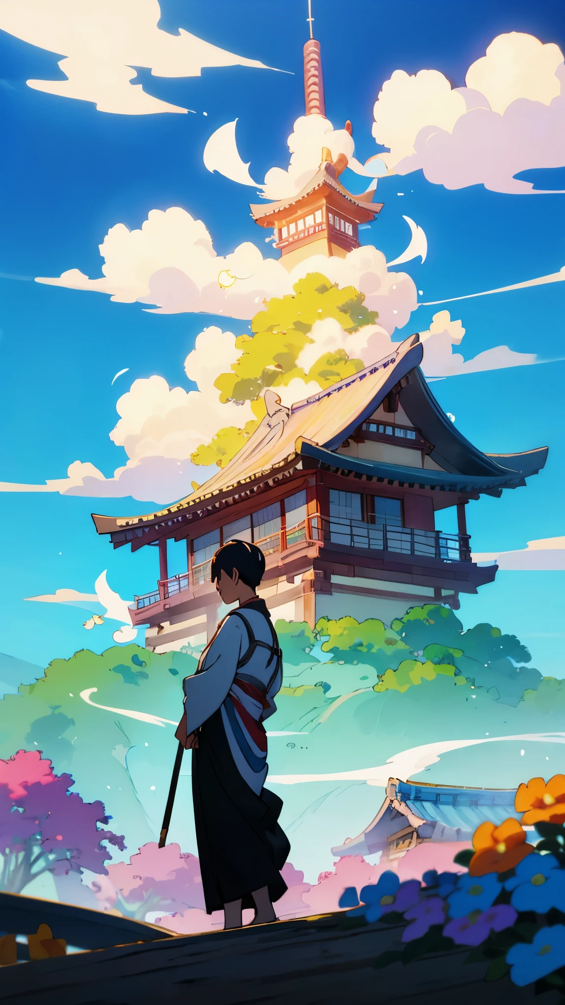 (a beautiful boy:1.1),(standing:1.1),(Japanese house),(flowers),(greenery),(anime style:1.1),(ultra high quality:1.2),(happy clouds) in the sky