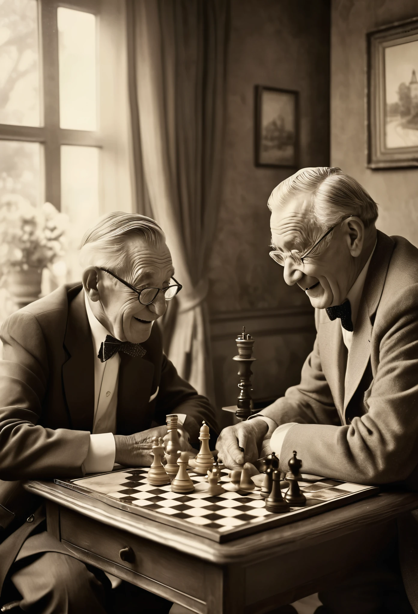 masterpiece, an old house, two glasses of champagne, and a nostalgic scene, with a sepia-toned photo of two elderly gentlemen happily playing chess facing each other casually placed on the desk