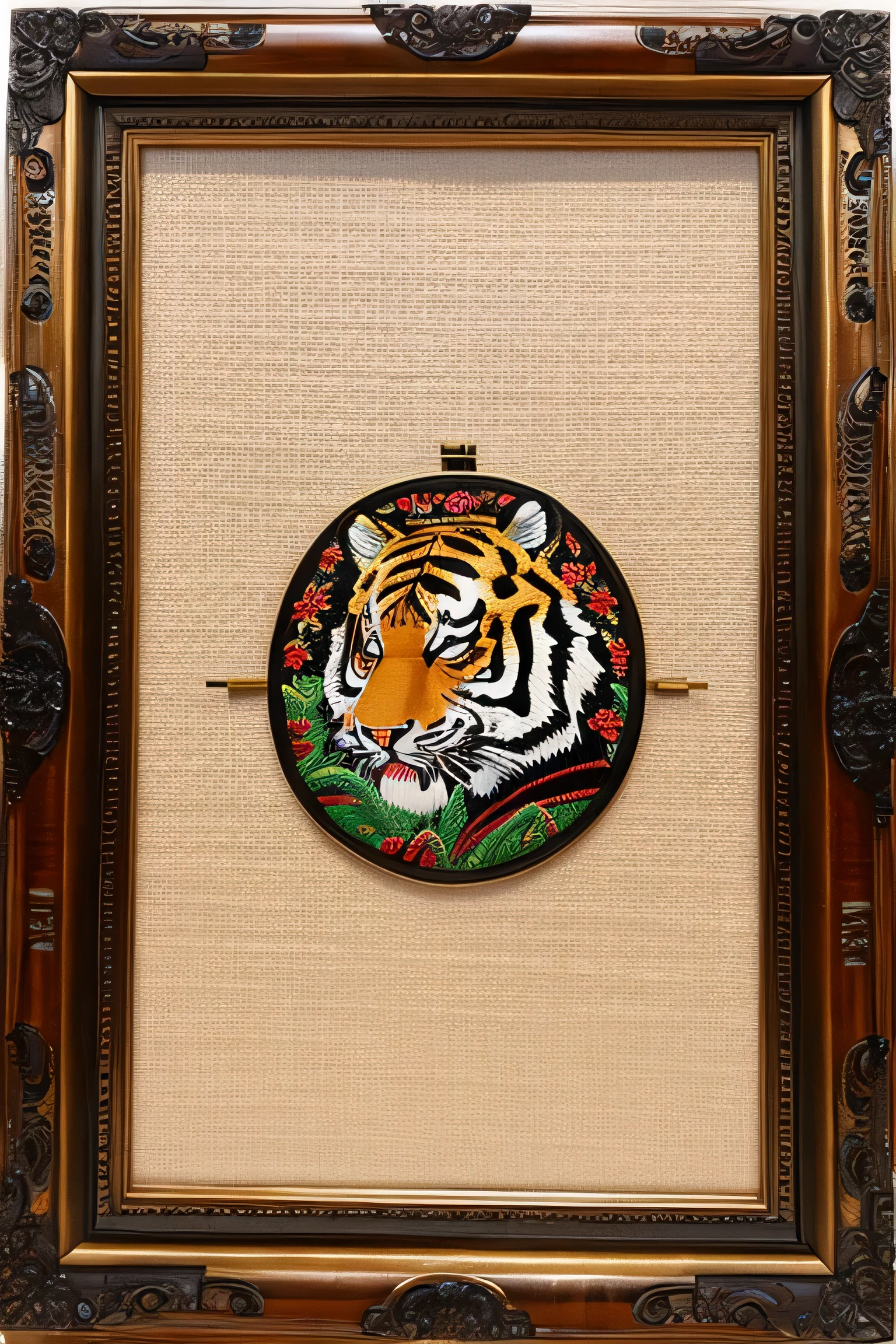 embroidery frame with from side walking tiger, embroidery, gold Embroidery thread