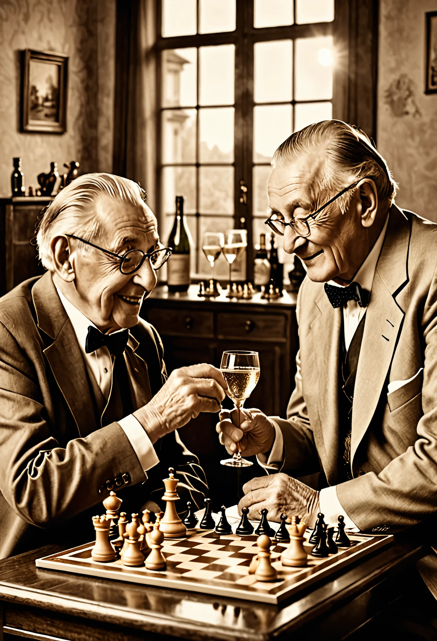masterpiece, a sepia photo on the desk, two elderly gentlemen playing chess happily facing each other, an old house, two glasses of champagne, a nostalgic scene